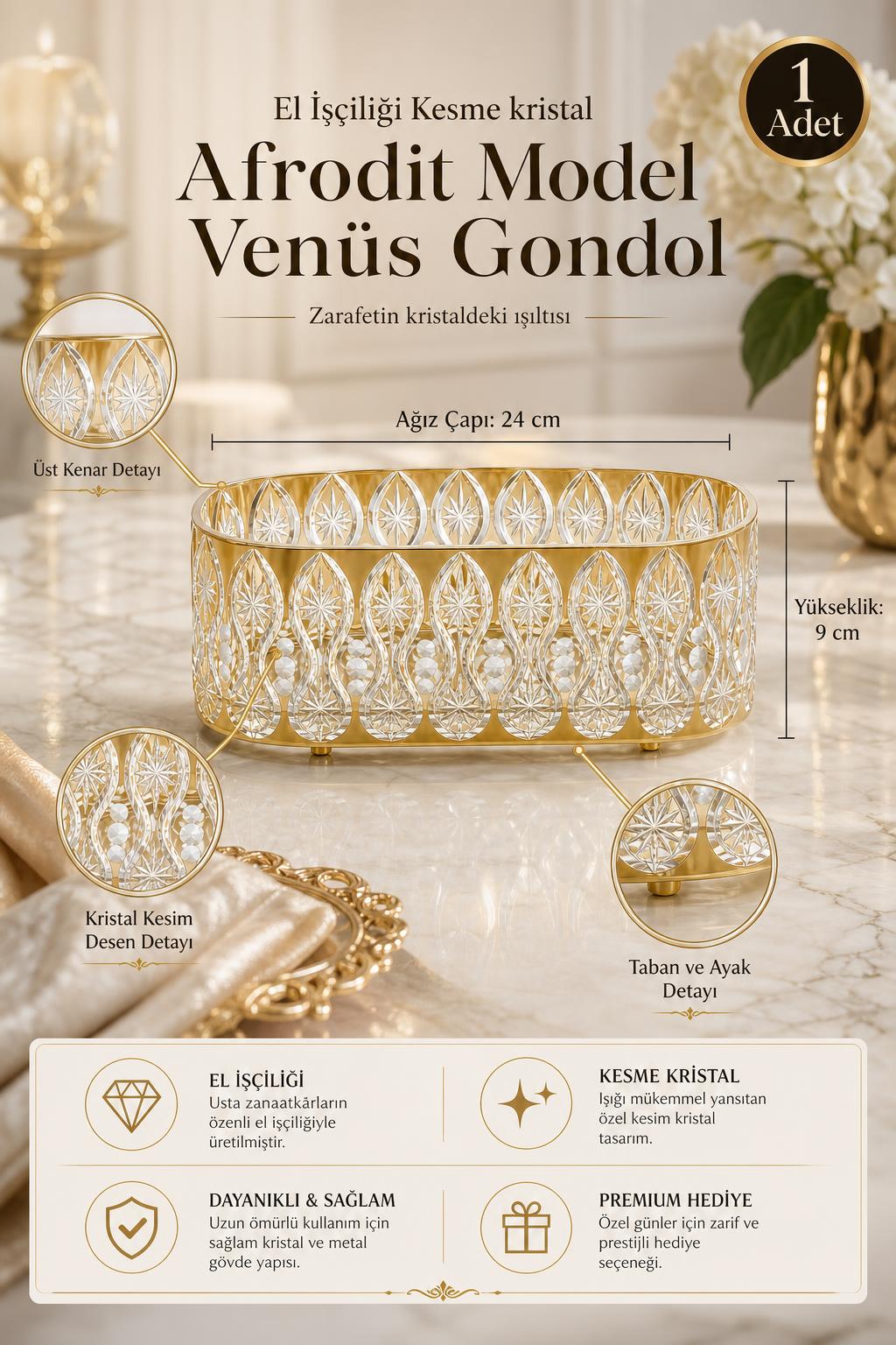 Kesme Kristal Gondol - Afrodit Model Venüs Dekoratif Sunumluk, 1 Adet