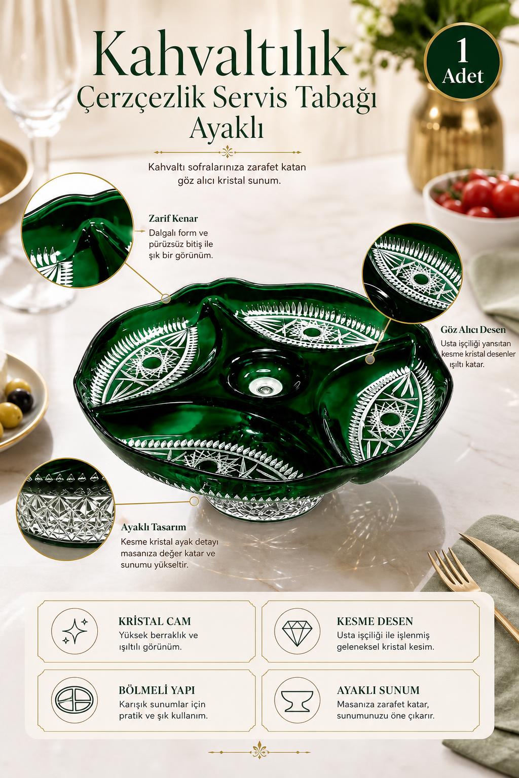 Ayaklı Kristal Servis Tabağı - Kahvaltılık ve Çerezlik Sunum Tabağı, 1 Adet