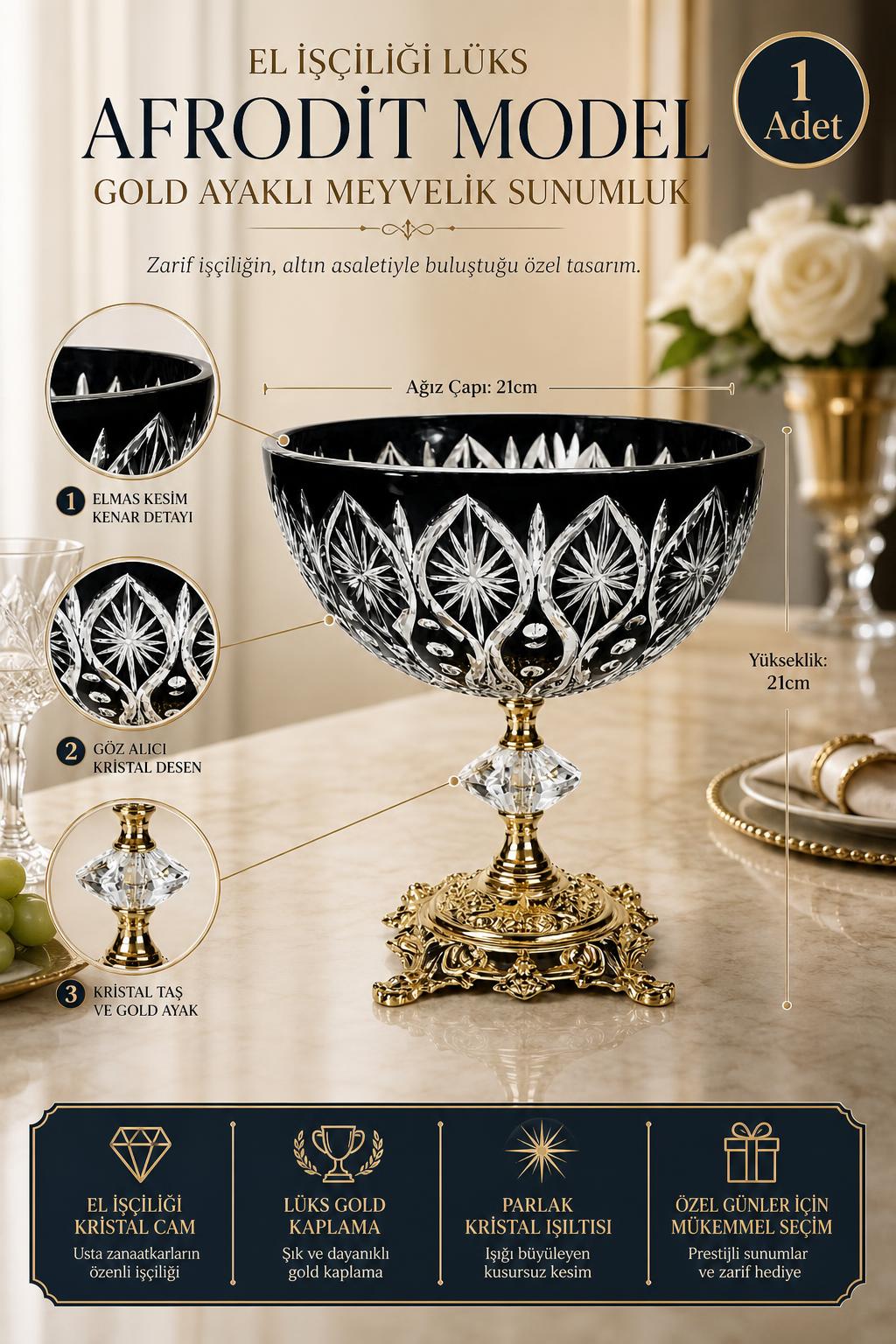 Gold Ayaklı Kristal Meyvelik - Afrodit Model Lüks Sunumluk, 1 Adet