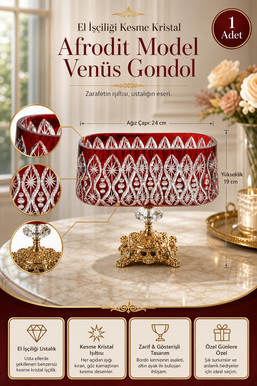 Kesme Kristal Gondol - Afrodit Model Venüs Dekoratif Sunumluk, 1 Adet