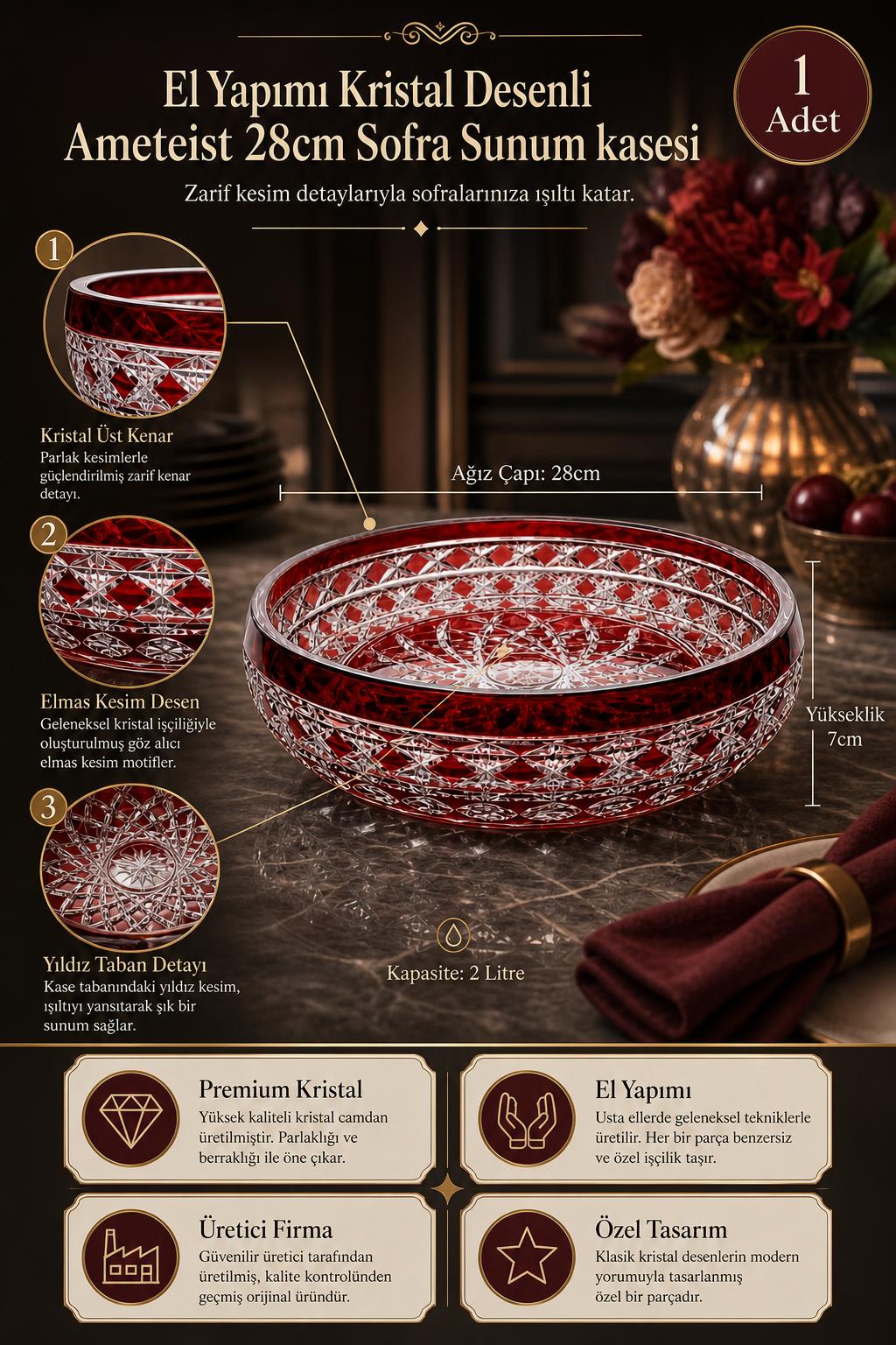 Kristal Sunum Kasesi 28 cm - Ametist Desenli Dekoratif Sofra Kasesi, 1 Adet