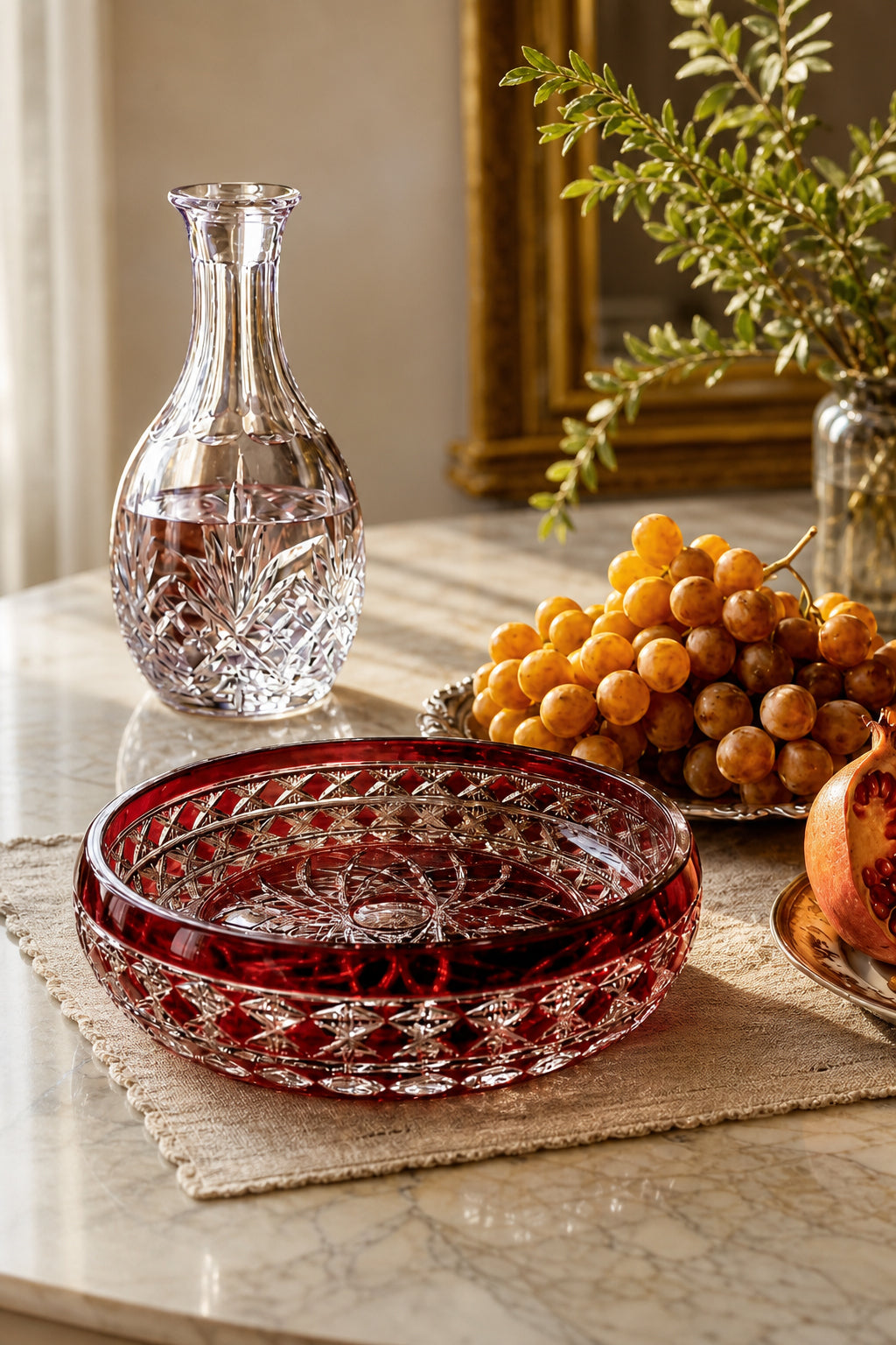 Kristal Sunum Kasesi 28 cm - Ametist Desenli Dekoratif Sofra Kasesi, 1 Adet