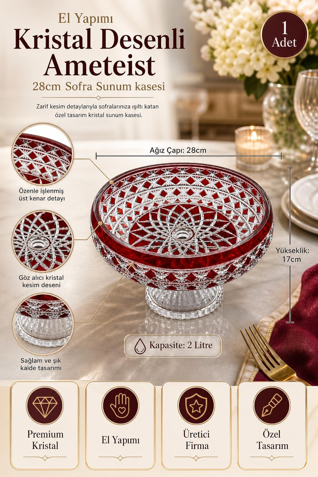 Kristal Sunum Kasesi 28 cm - Ametist Desenli Dekoratif Sofra Kasesi, 1 Adet