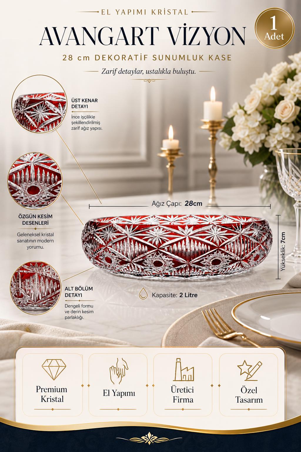 Kristal Sunumluk Kase 28 cm - Avangart Vizyon Dekoratif Sofra Kasesi, 1 Adet