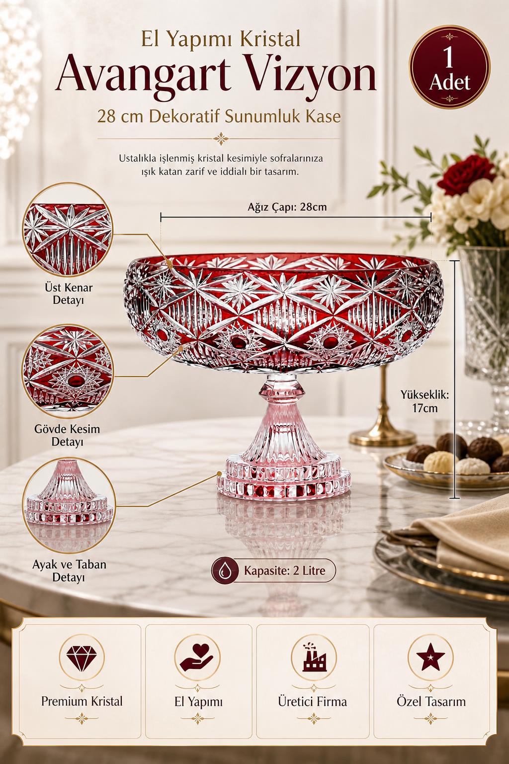 Kristal Sunumluk Kase 28 cm - Avangart Vizyon Dekoratif Sofra Kasesi, 1 Adet