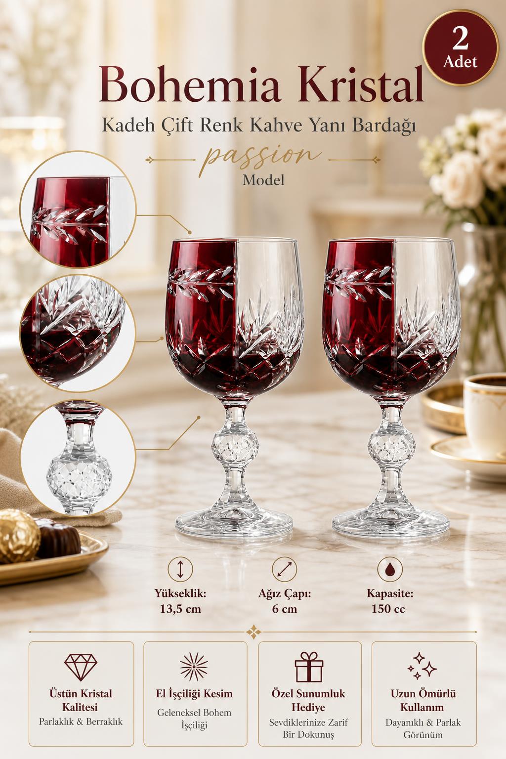 Bohemia Kristal Kadeh - Passion Model Çift Renk Kahve Yanı Bardağı, 2 Adet