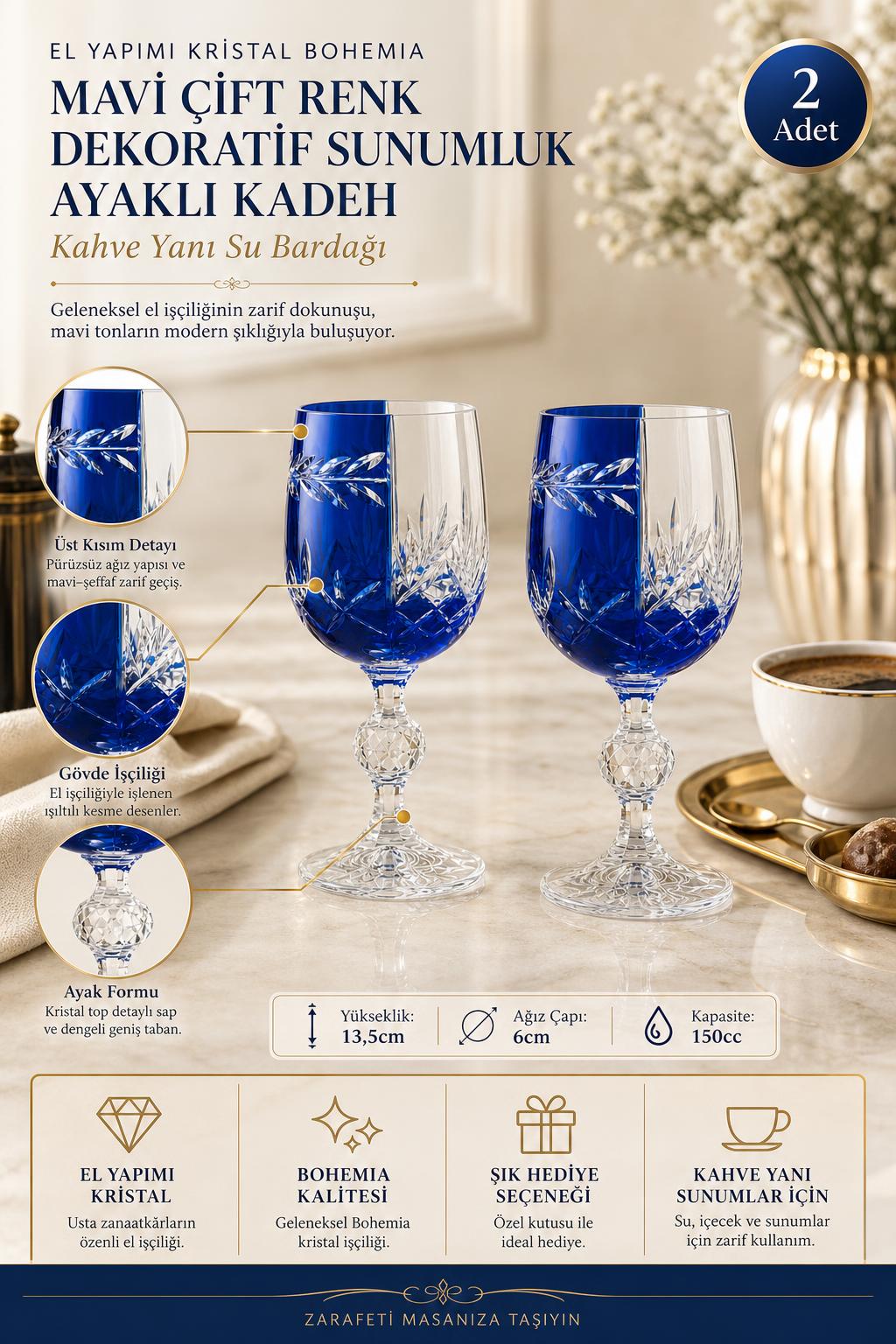 Mavi Bohemia Kristal Ayaklı Kadeh - Çift Renk Kahve Yanı Su Bardağı, 2 Adet