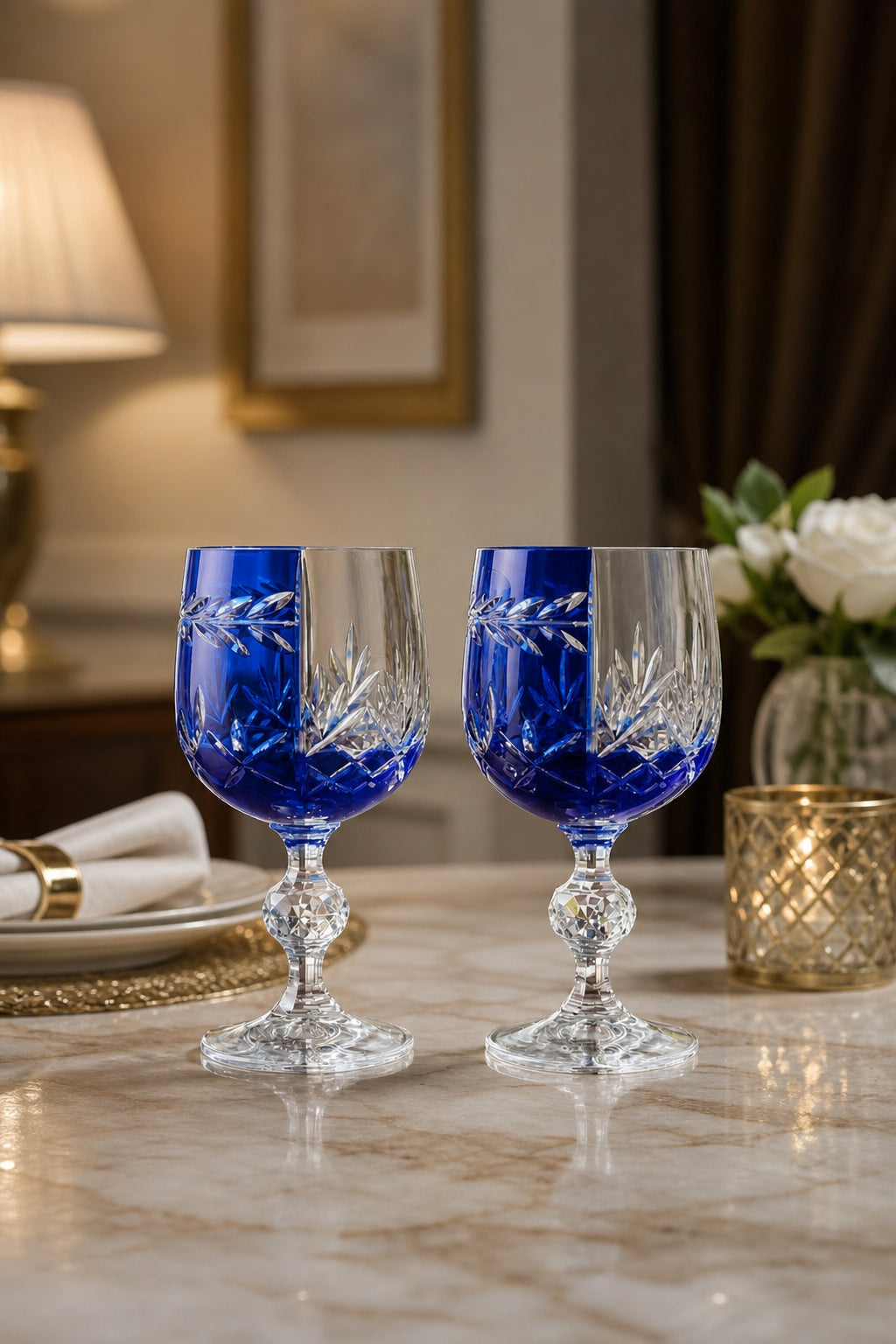 Mavi Bohemia Kristal Ayaklı Kadeh - Çift Renk Kahve Yanı Su Bardağı, 2 Adet