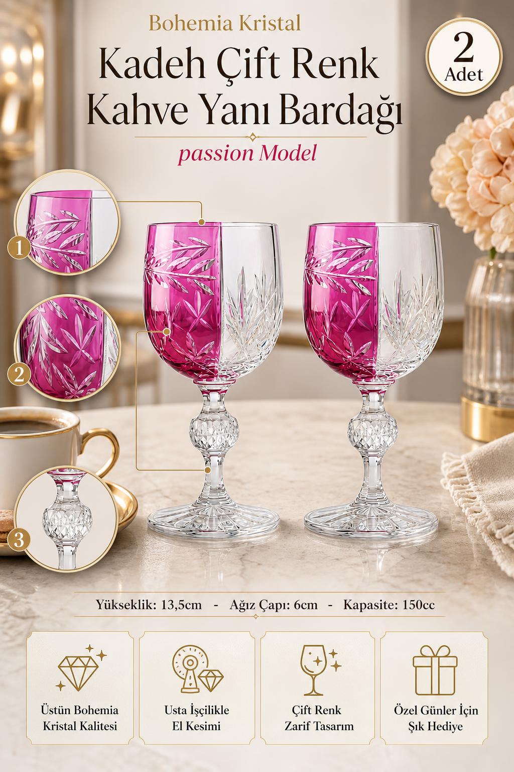 Bohemia Kristal Kadeh - Passion Model Çift Renk Kahve Yanı Bardağı, 2 Adet