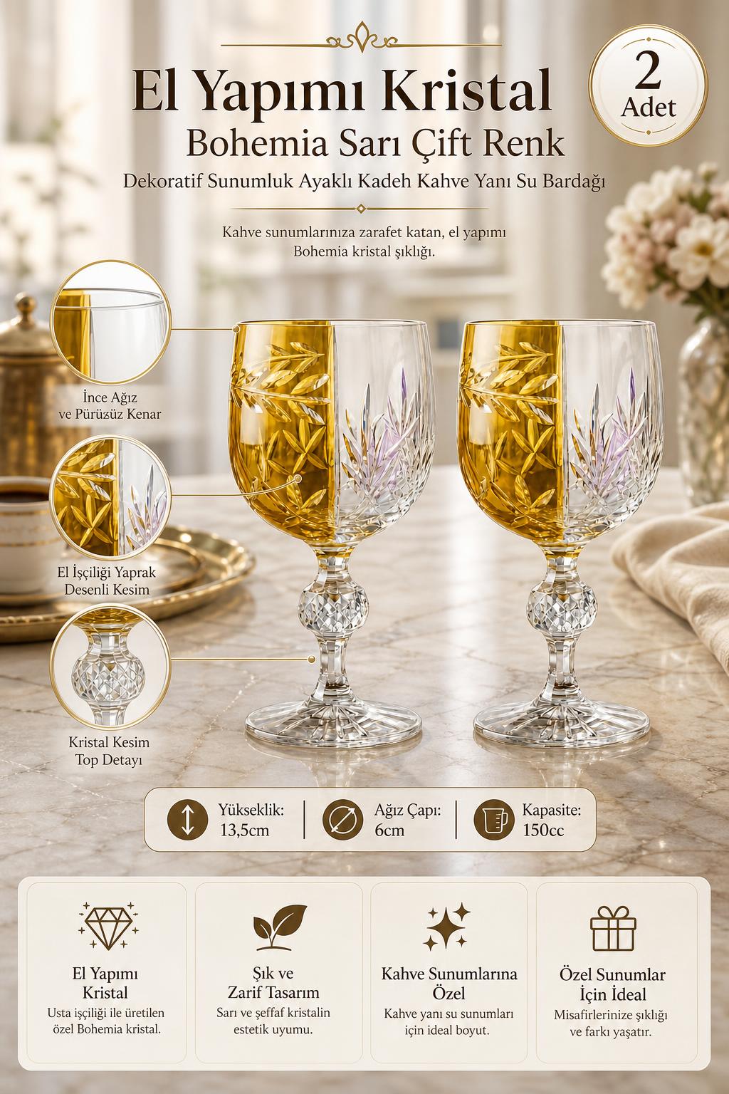 Sarı Bohemia Kristal Ayaklı Kadeh - Çift Renk Kahve Yanı Su Bardağı, 2 Adet