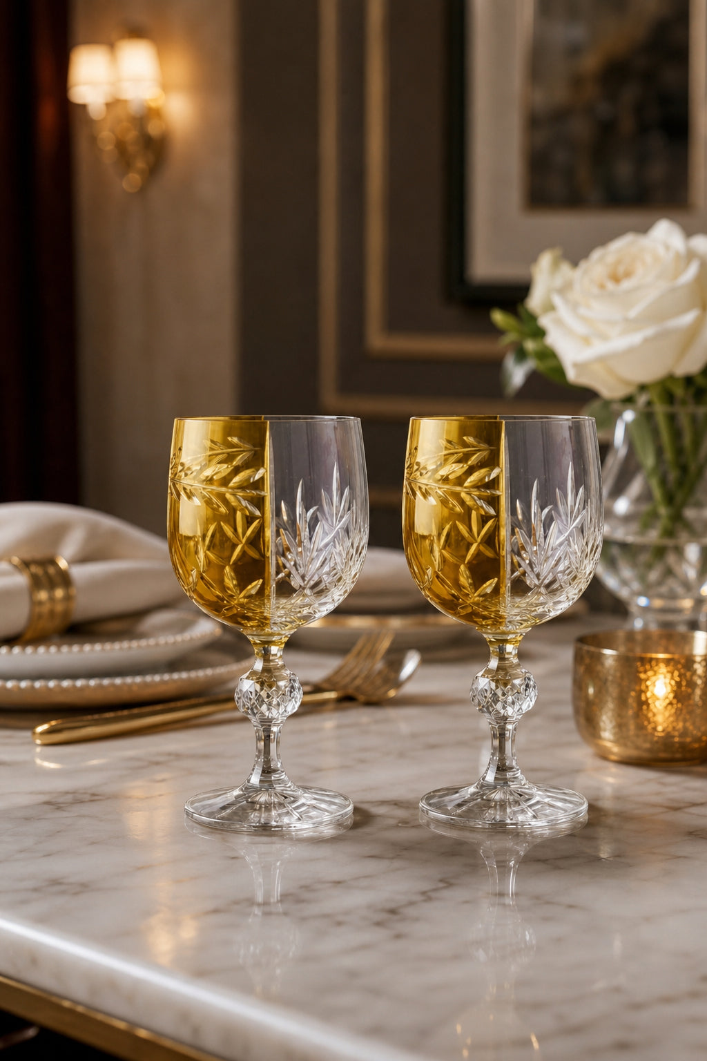 Sarı Bohemia Kristal Ayaklı Kadeh - Çift Renk Kahve Yanı Su Bardağı, 2 Adet