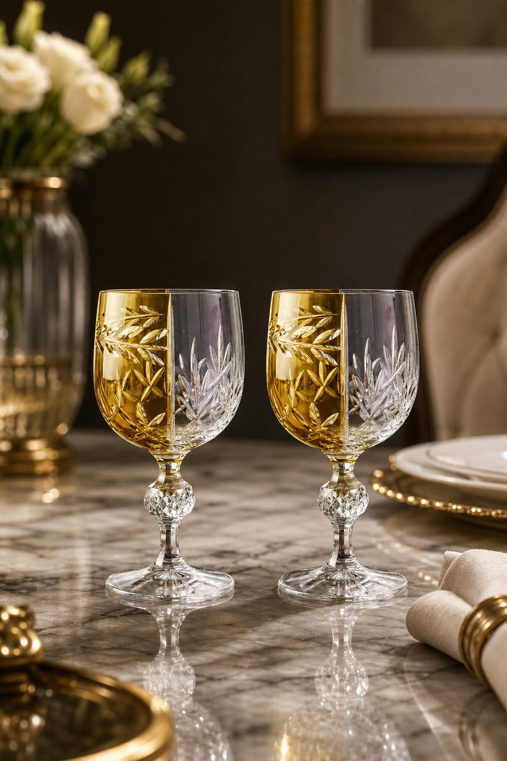 Sarı Bohemia Kristal Ayaklı Kadeh - Çift Renk Kahve Yanı Su Bardağı, 2 Adet