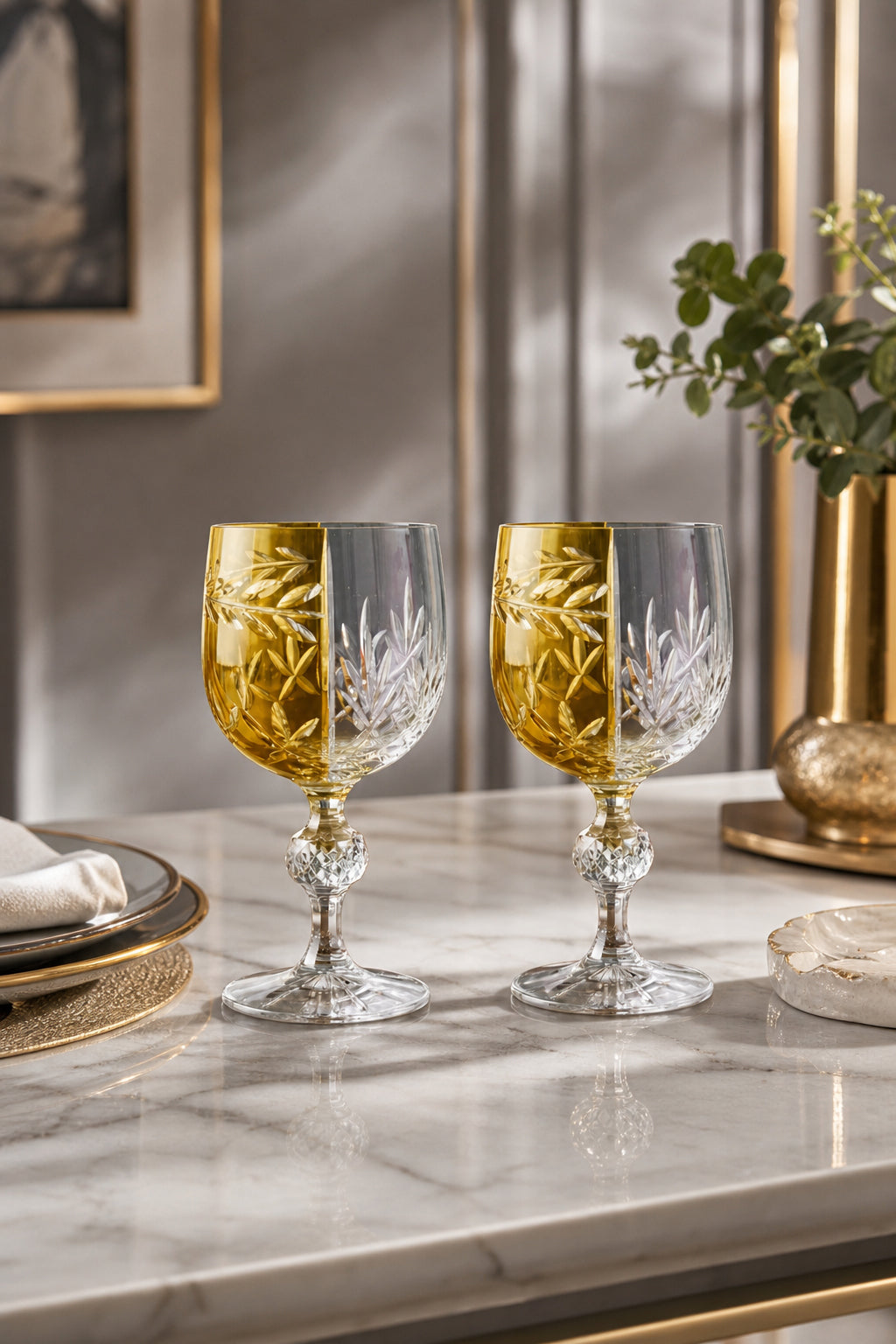 Sarı Bohemia Kristal Ayaklı Kadeh - Çift Renk Kahve Yanı Su Bardağı, 2 Adet