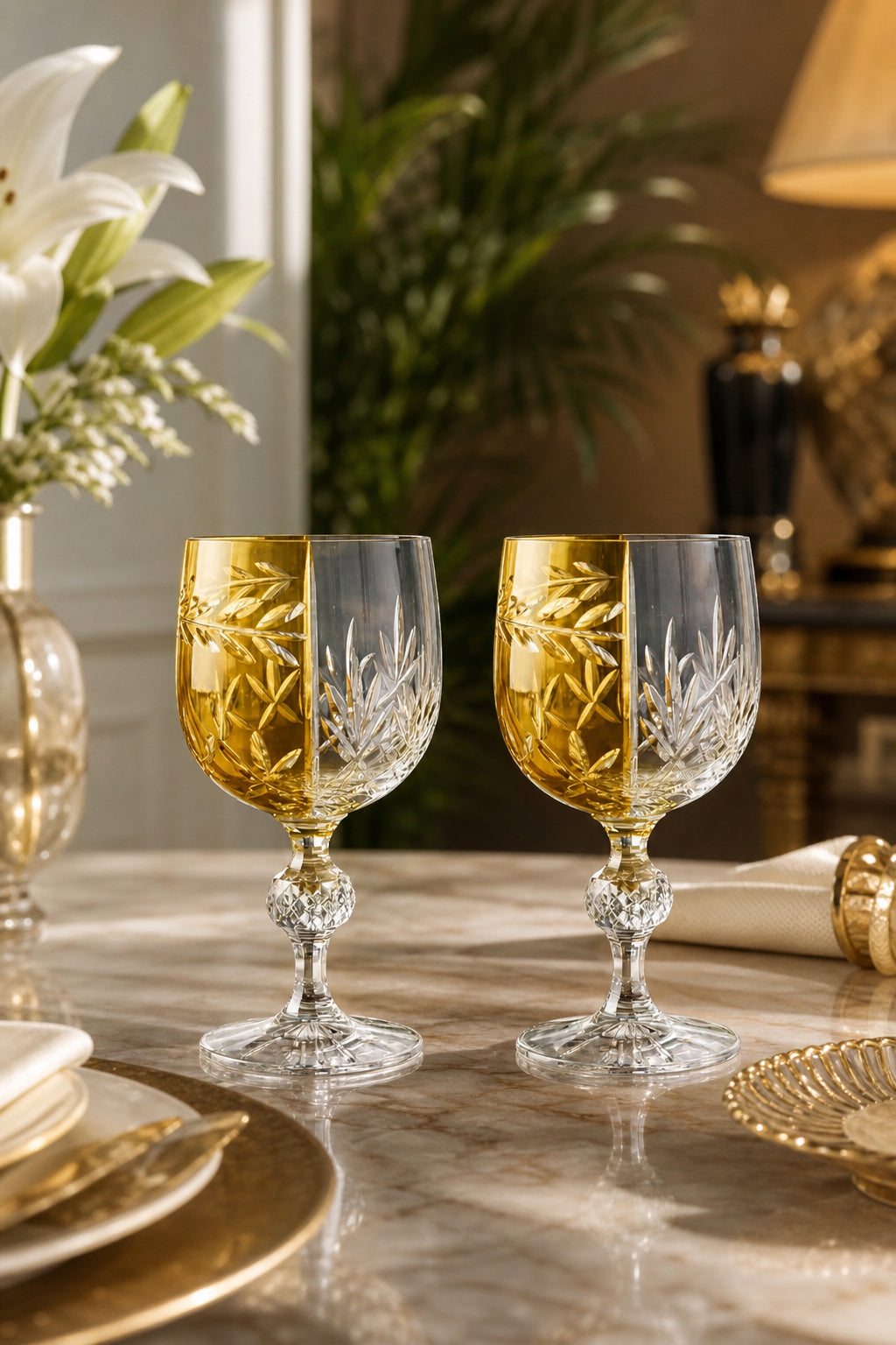Sarı Bohemia Kristal Ayaklı Kadeh - Çift Renk Kahve Yanı Su Bardağı, 2 Adet