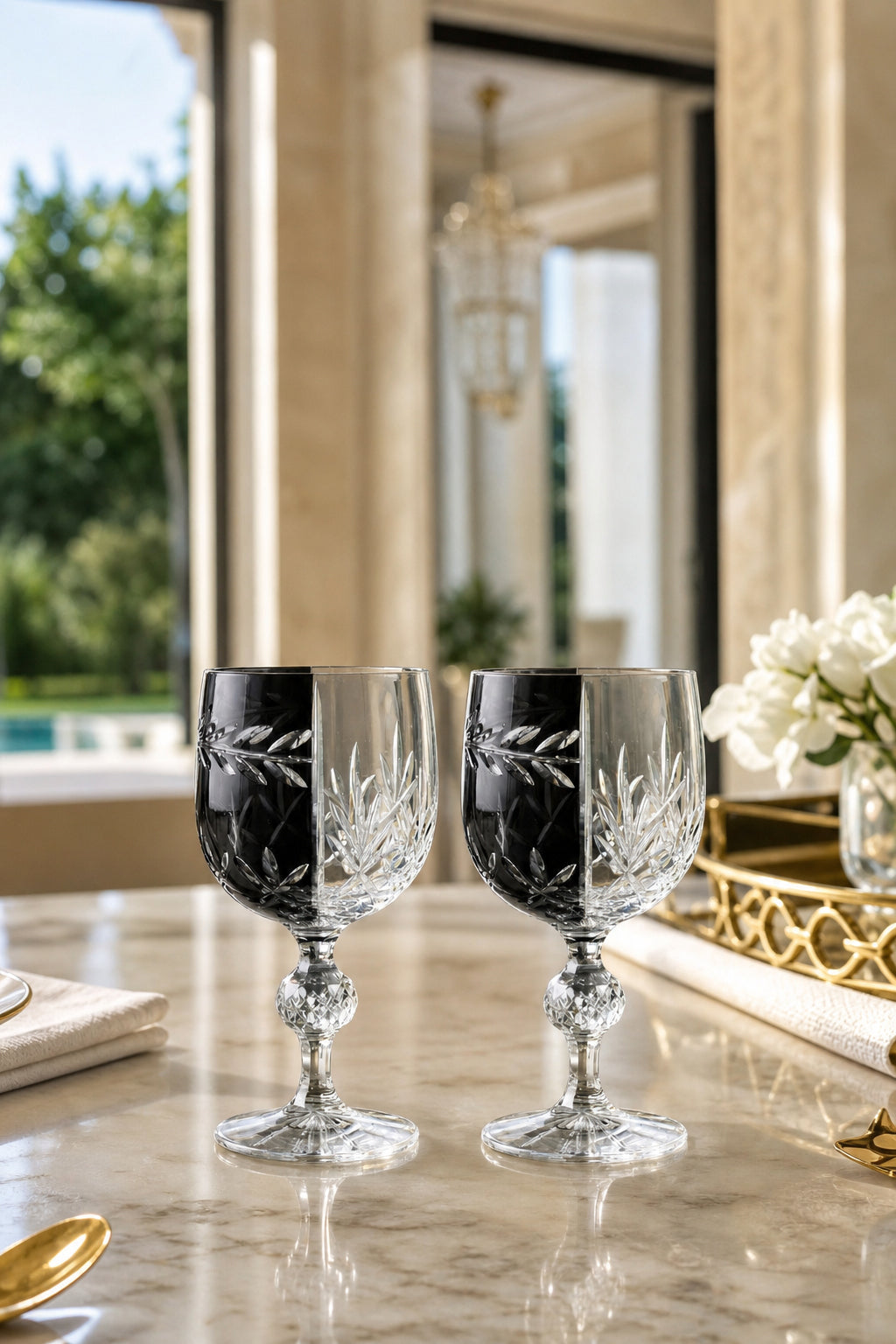 Siyah Bohemia Kristal Ayaklı Kadeh - Çift Renk Kahve Yanı Su Bardağı, 2 Adet