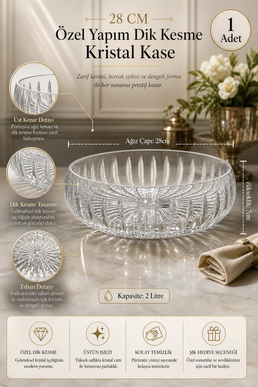 Kesme Kristal Kase 28 cm - Dik Kesim Model, 1 Adet