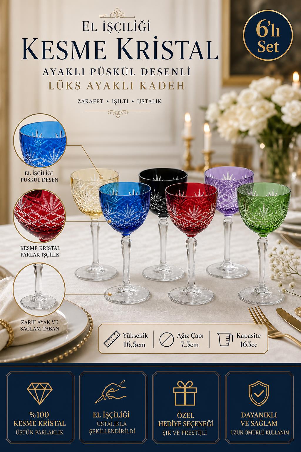 Kesme Kristal Ayaklı Kadeh 6'lı 165 cc - Püskül Desenli Lüks, 6 Adet