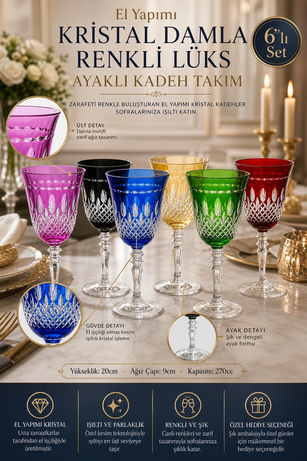 Renkli Kristal Ayaklı Kadeh Takımı 6 Parça - Damla Desen Lüks Kadeh