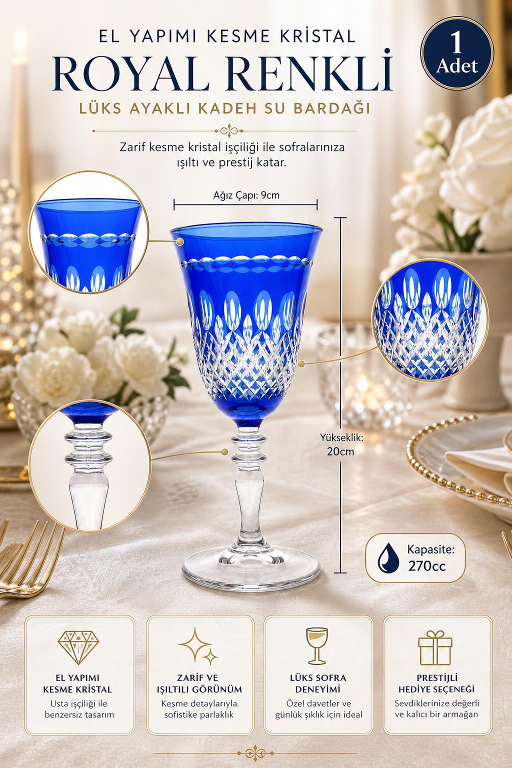 Renkli Kesme Kristal Ayaklı Kadeh 270 cc - Royal Desen Lüks Su Bardağı, 1 Adet
