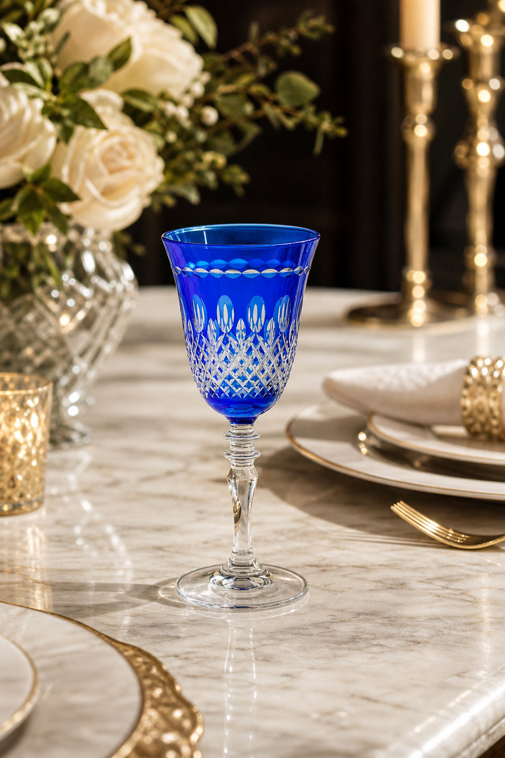Renkli Kesme Kristal Ayaklı Kadeh 270 cc - Royal Desen Lüks Su Bardağı, 1 Adet