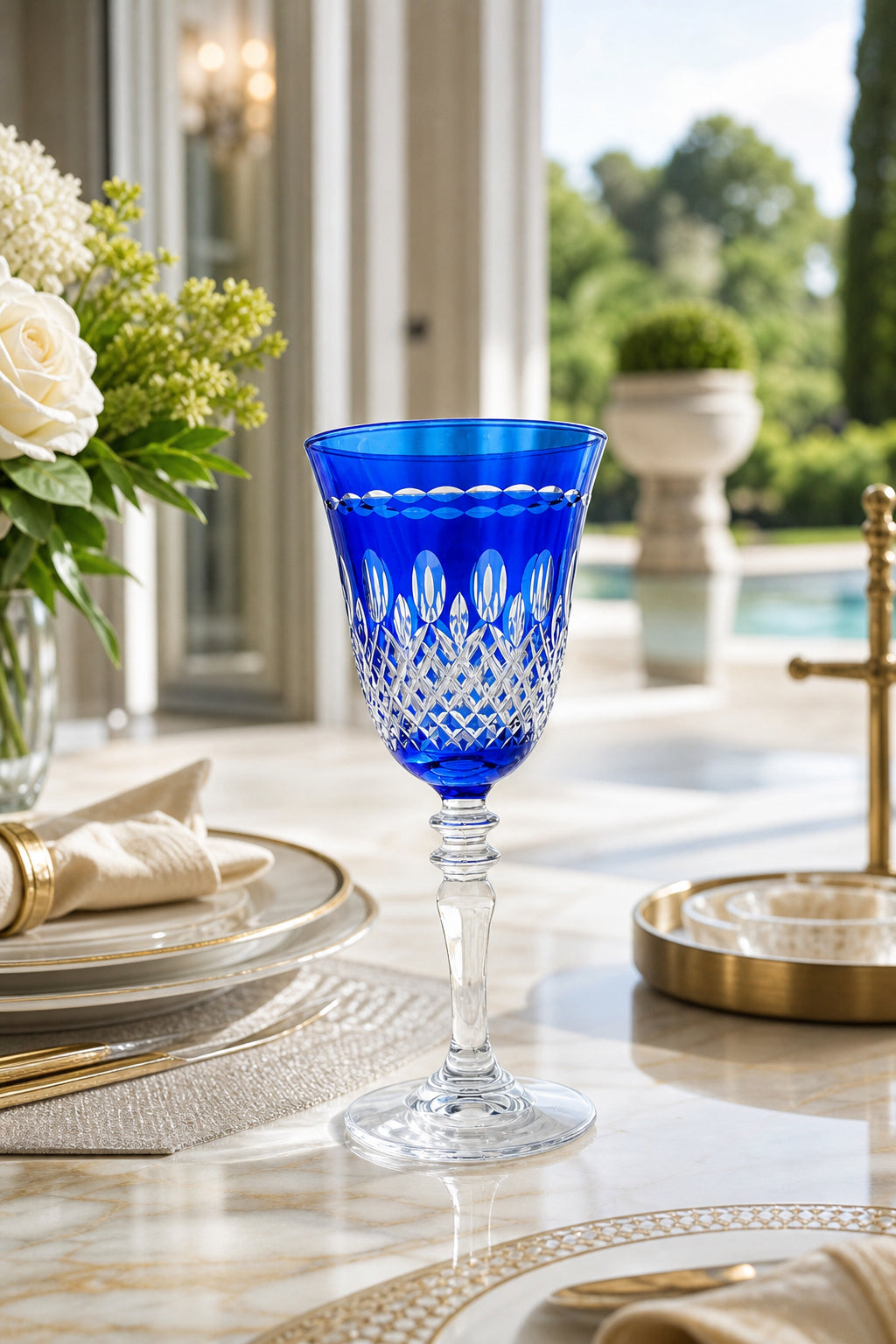 Renkli Kesme Kristal Ayaklı Kadeh 270 cc - Royal Desen Lüks Su Bardağı, 1 Adet
