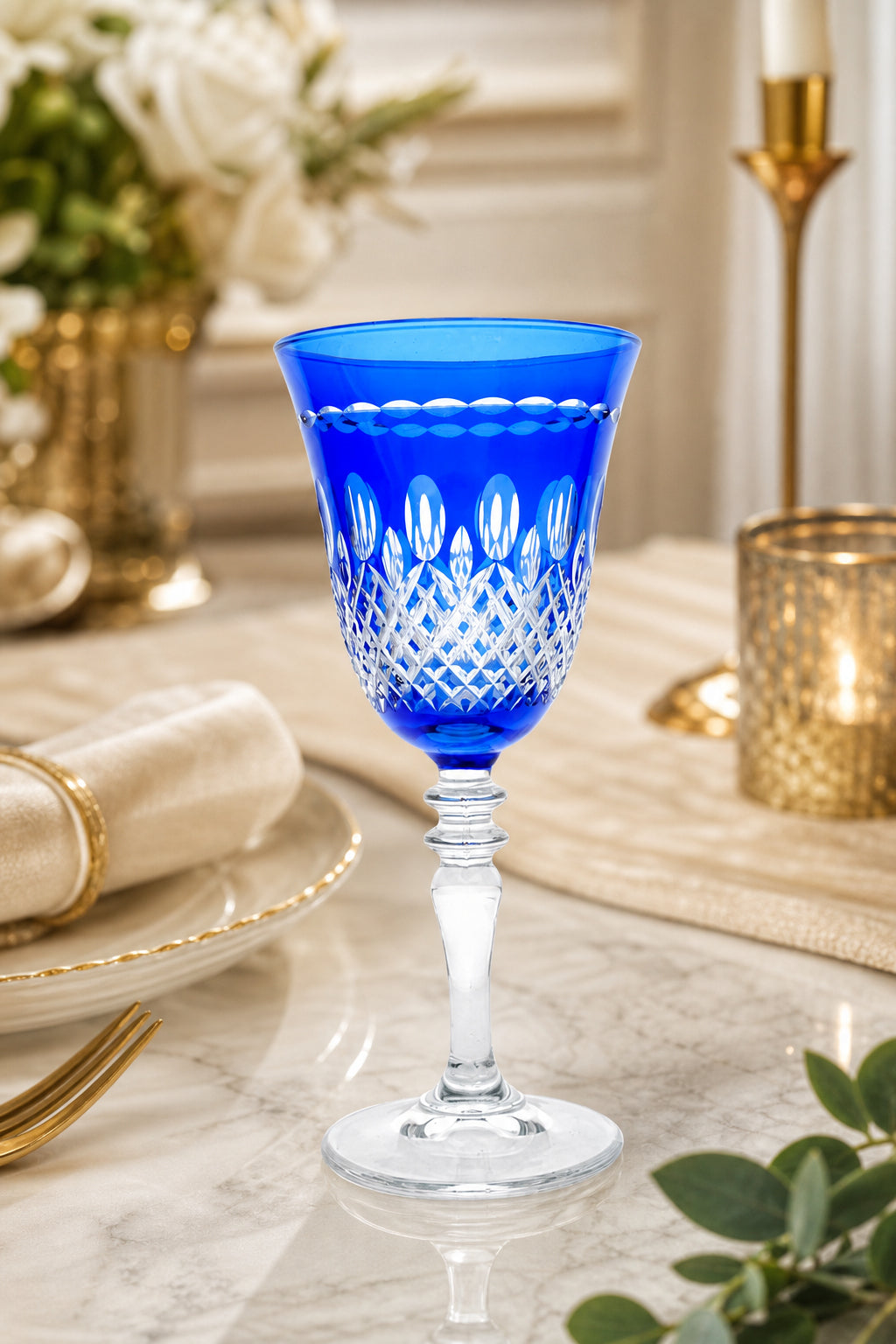Renkli Kesme Kristal Ayaklı Kadeh 270 cc - Royal Desen Lüks Su Bardağı, 1 Adet