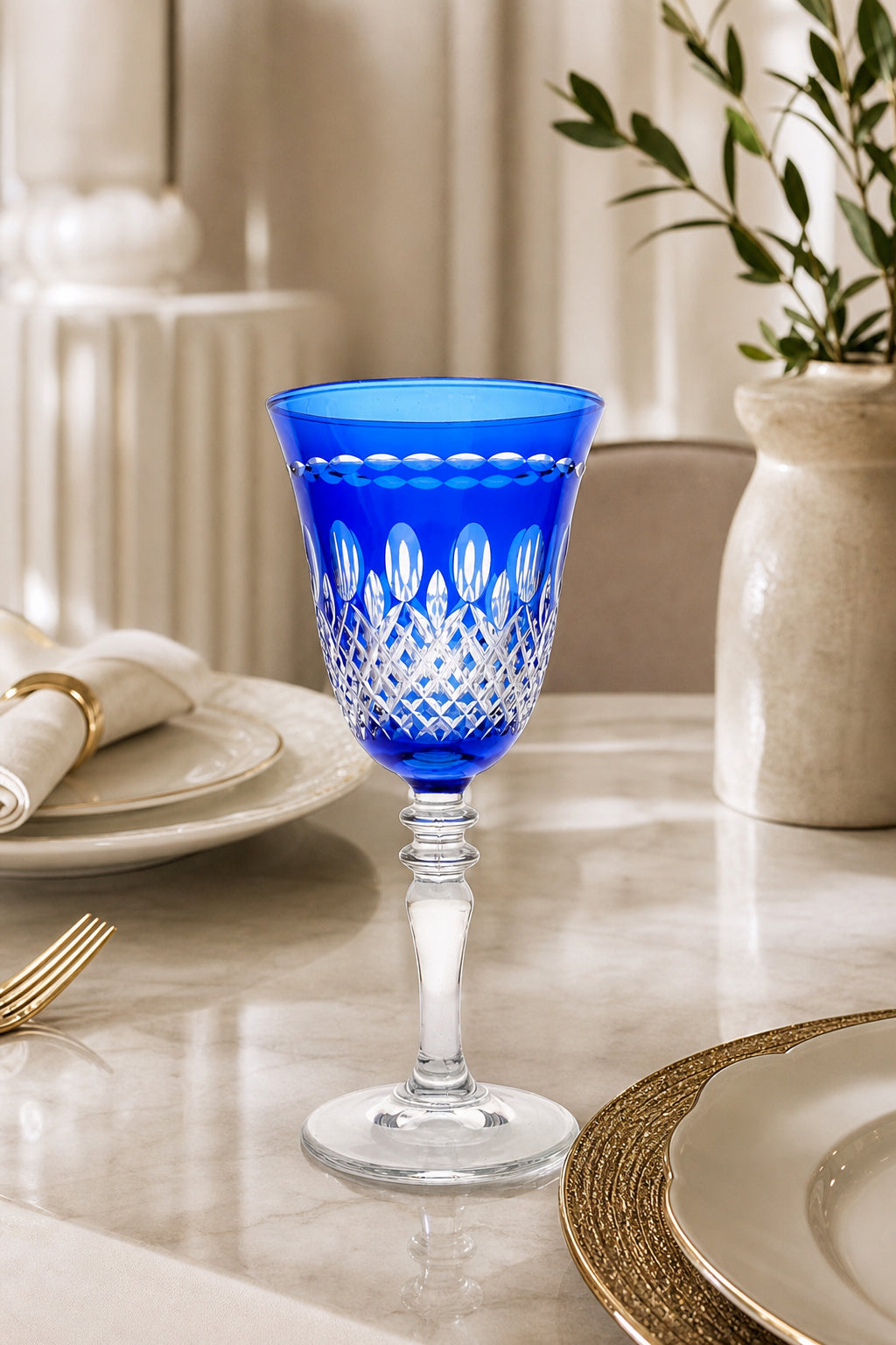 Renkli Kesme Kristal Ayaklı Kadeh 270 cc - Royal Desen Lüks Su Bardağı, 1 Adet