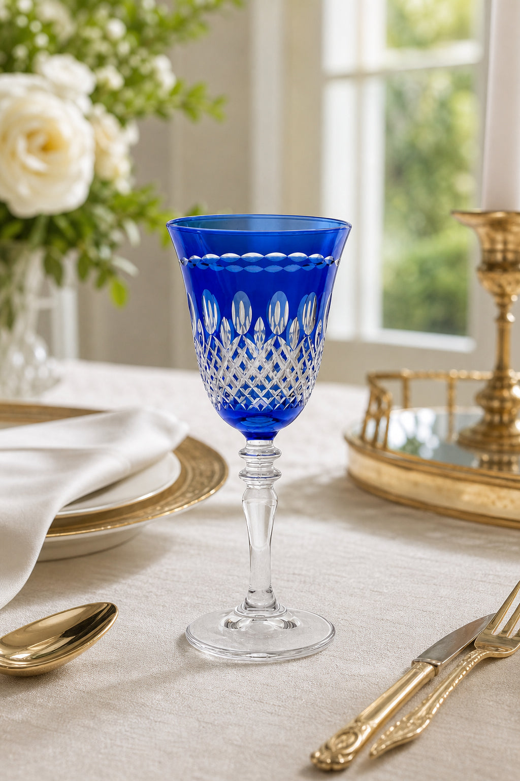 Renkli Kesme Kristal Ayaklı Kadeh 270 cc - Royal Desen Lüks Su Bardağı, 1 Adet