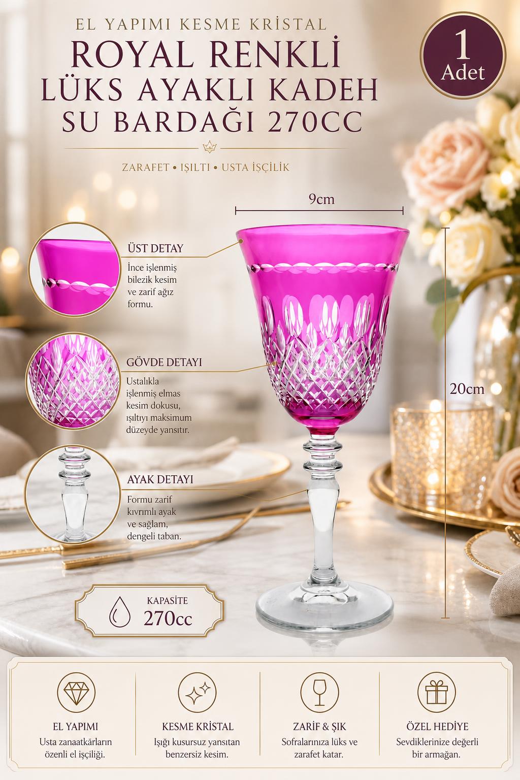 Renkli Kesme Kristal Ayaklı Kadeh 270 cc - Royal Desen Lüks Su Bardağı, 1 Adet