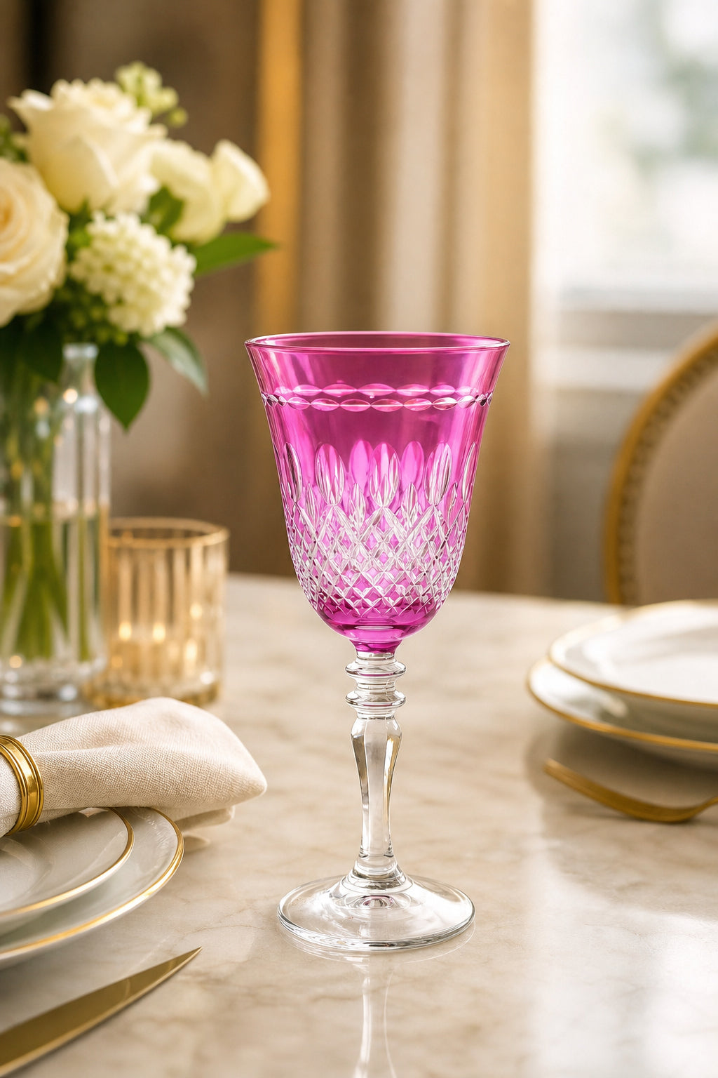 Renkli Kesme Kristal Ayaklı Kadeh 270 cc - Royal Desen Lüks Su Bardağı, 1 Adet