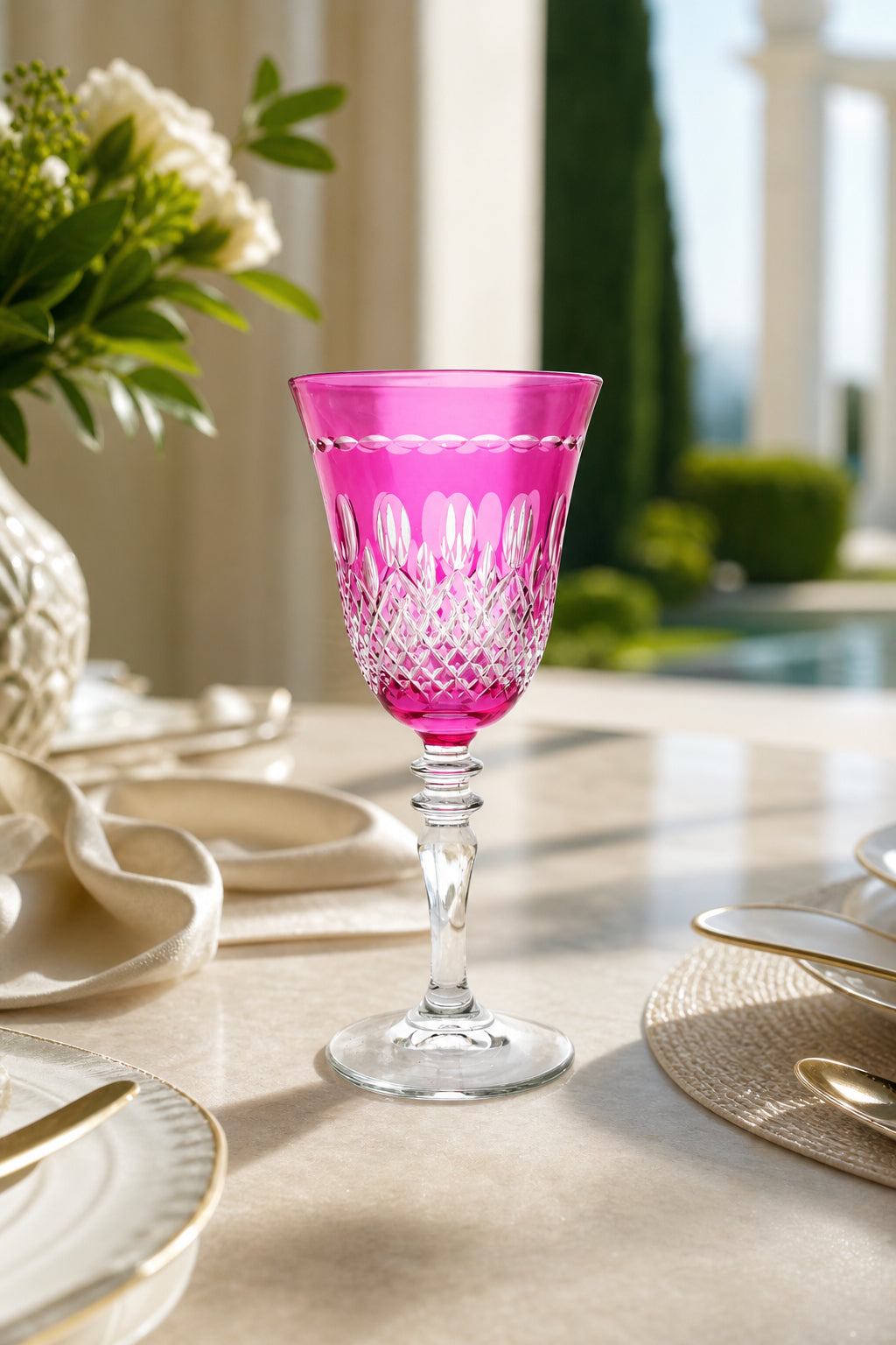 Renkli Kesme Kristal Ayaklı Kadeh 270 cc - Royal Desen Lüks Su Bardağı, 1 Adet