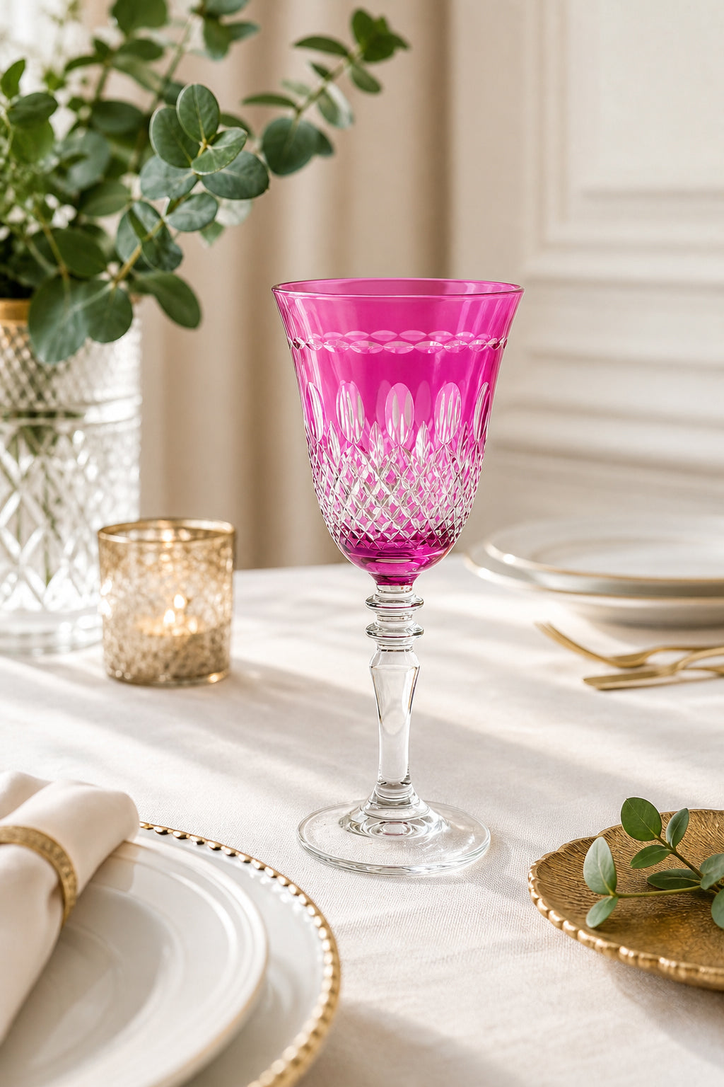 Renkli Kesme Kristal Ayaklı Kadeh 270 cc - Royal Desen Lüks Su Bardağı, 1 Adet