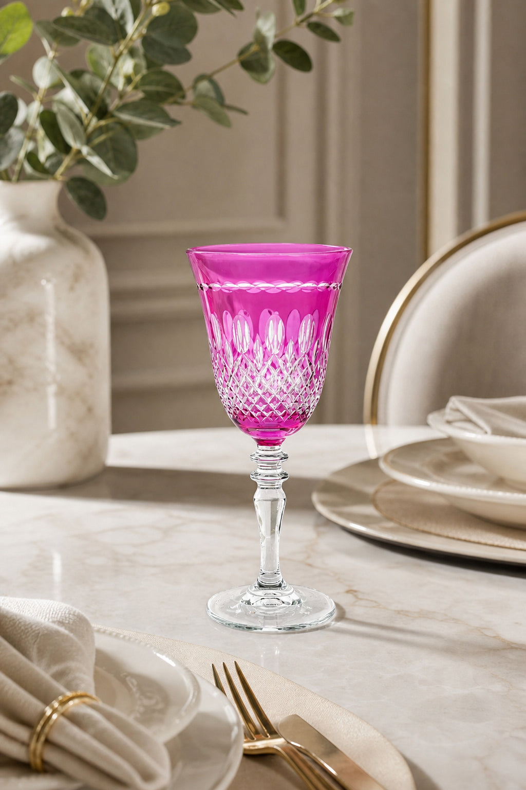 Renkli Kesme Kristal Ayaklı Kadeh 270 cc - Royal Desen Lüks Su Bardağı, 1 Adet