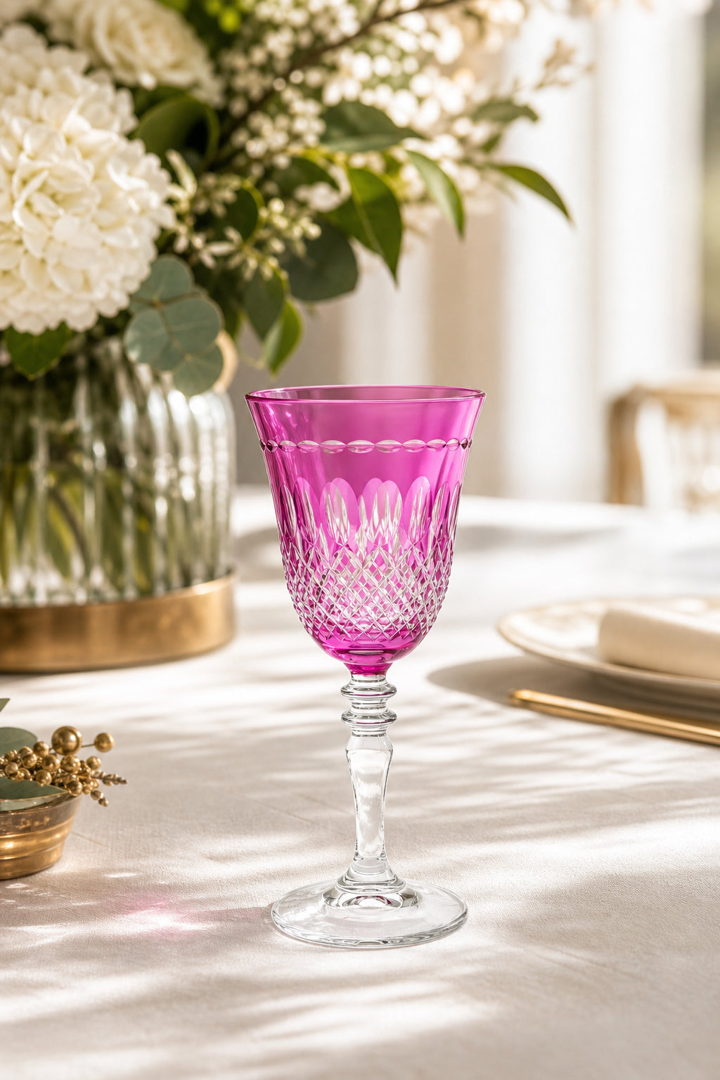 Renkli Kesme Kristal Ayaklı Kadeh 270 cc - Royal Desen Lüks Su Bardağı, 1 Adet