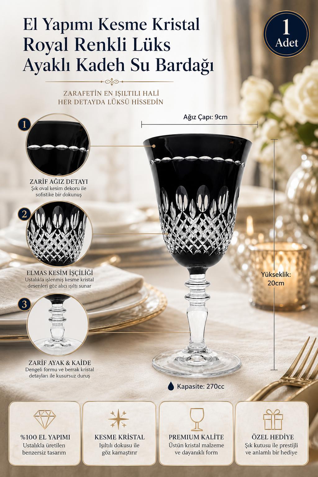 Renkli Kesme Kristal Ayaklı Kadeh 270 cc - Royal Desen Lüks Su Bardağı, 1 Adet