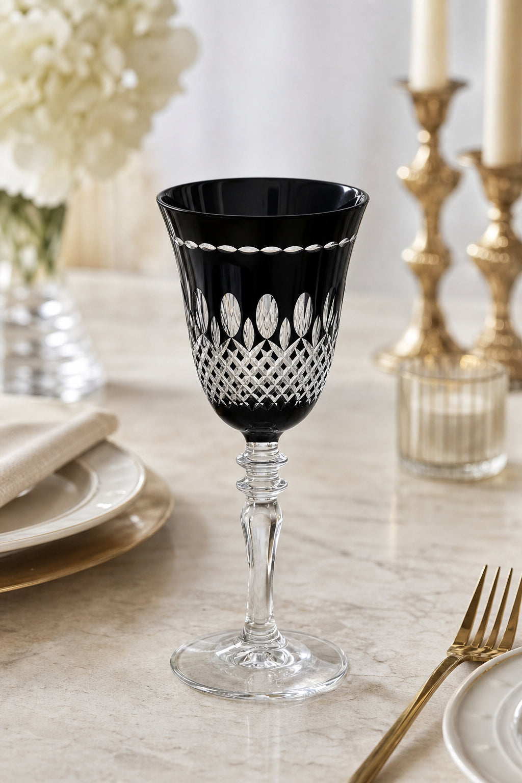 Renkli Kesme Kristal Ayaklı Kadeh 270 cc - Royal Desen Lüks Su Bardağı, 1 Adet