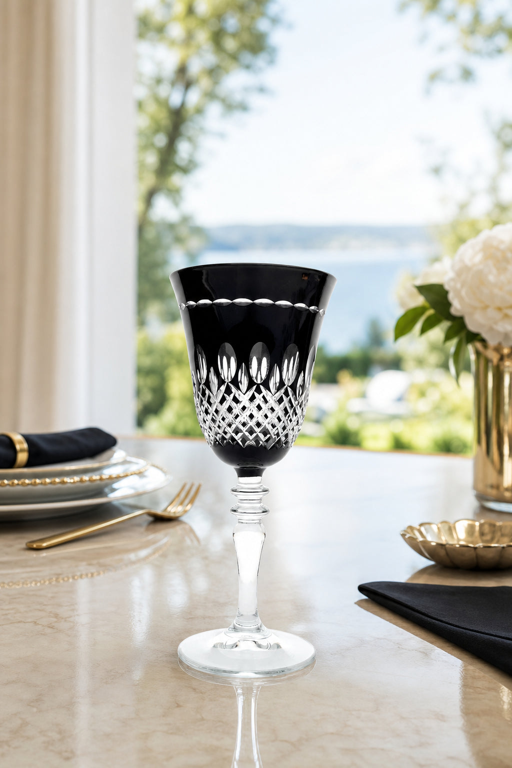 Renkli Kesme Kristal Ayaklı Kadeh 270 cc - Royal Desen Lüks Su Bardağı, 1 Adet