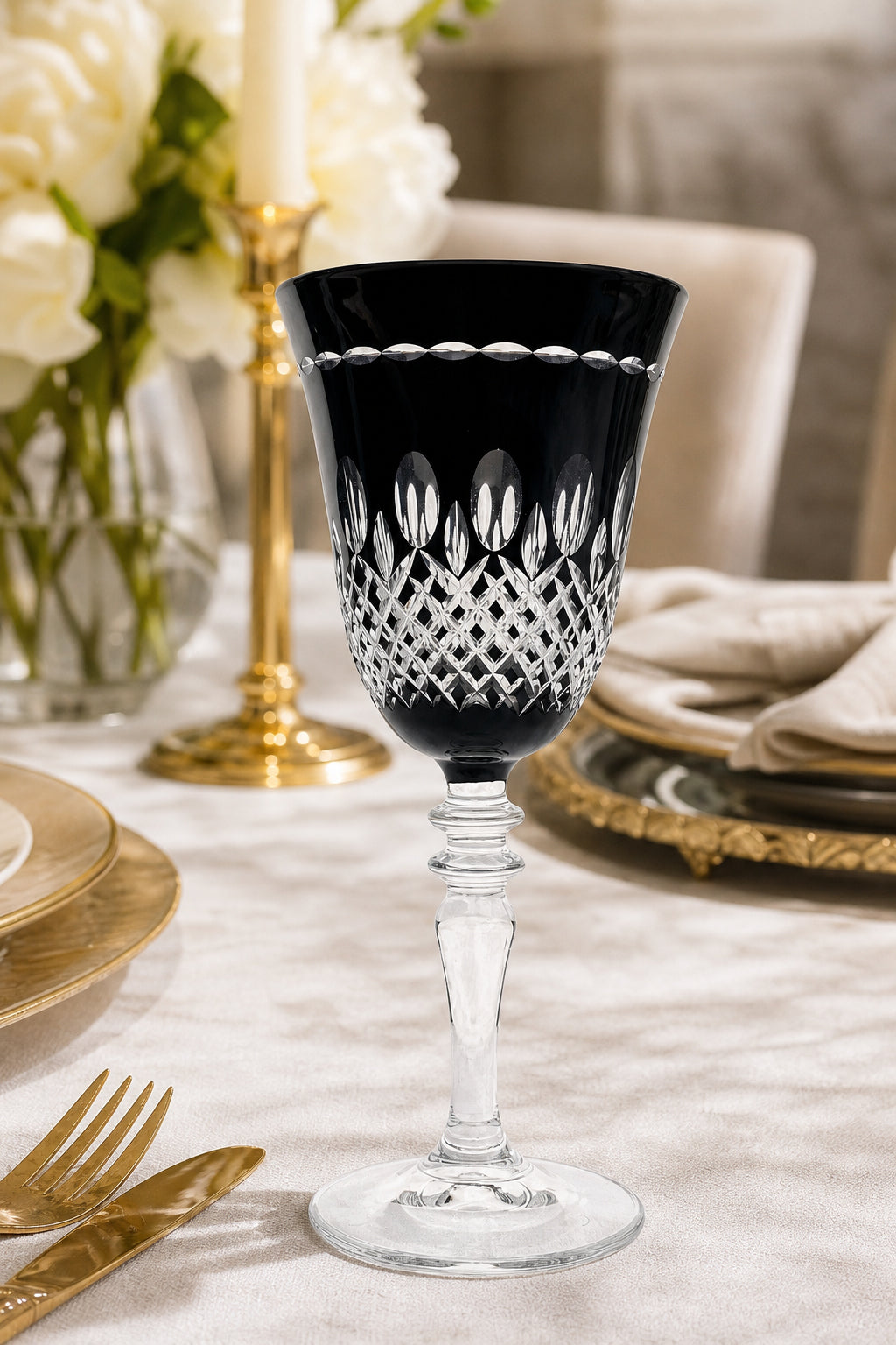 Renkli Kesme Kristal Ayaklı Kadeh 270 cc - Royal Desen Lüks Su Bardağı, 1 Adet