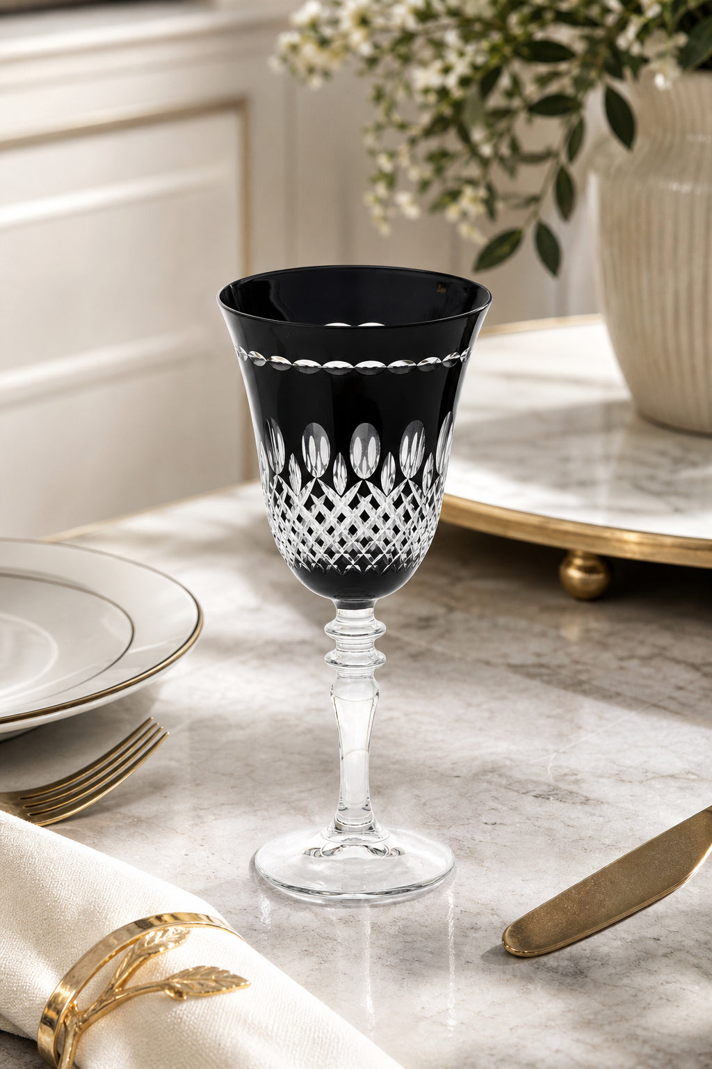 Renkli Kesme Kristal Ayaklı Kadeh 270 cc - Royal Desen Lüks Su Bardağı, 1 Adet