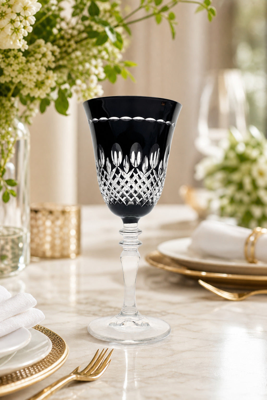 Renkli Kesme Kristal Ayaklı Kadeh 270 cc - Royal Desen Lüks Su Bardağı, 1 Adet