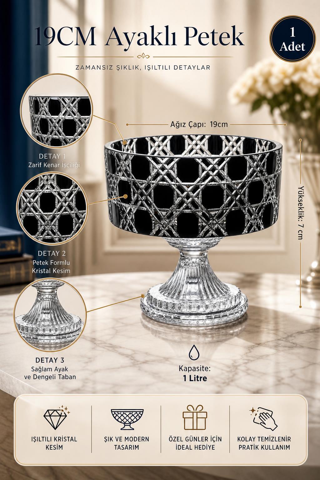 Kristal Ayaklı Kase 19 cm - Petek Desen Sunumluk, 1 Adet