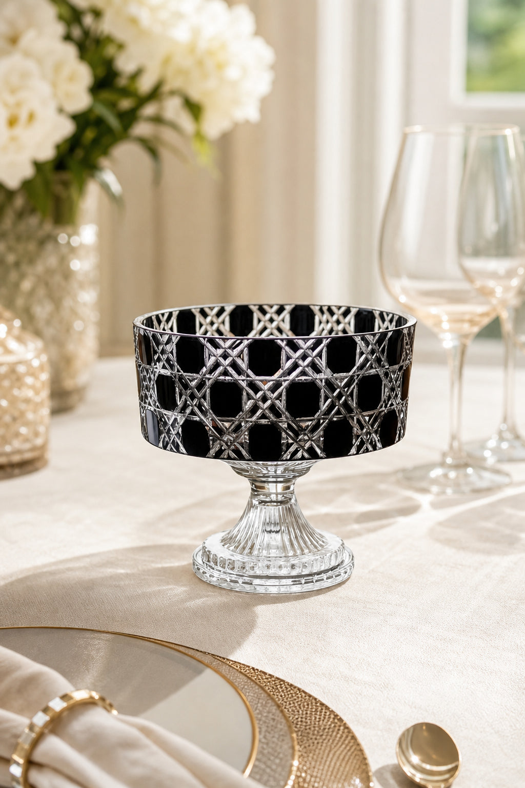 Kristal Ayaklı Kase 19 cm - Petek Desen Sunumluk, 1 Adet