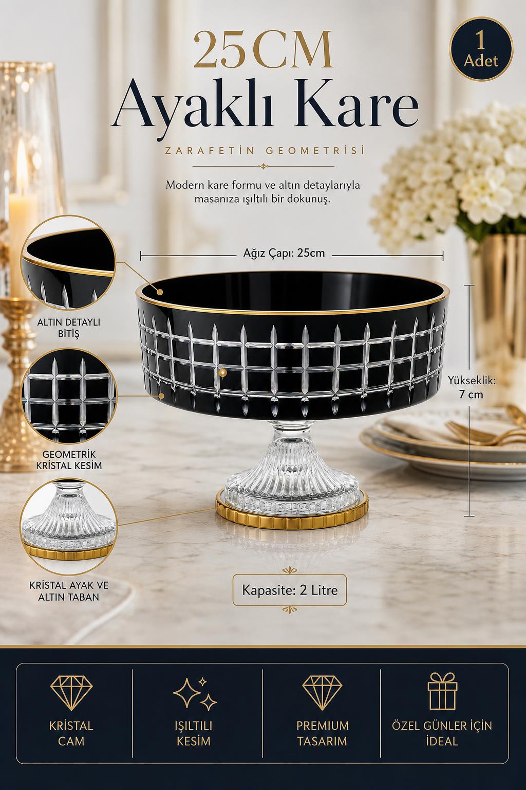 Kristal Ayaklı Kase 25 cm - Kare Model Sunumluk, 1 Adet