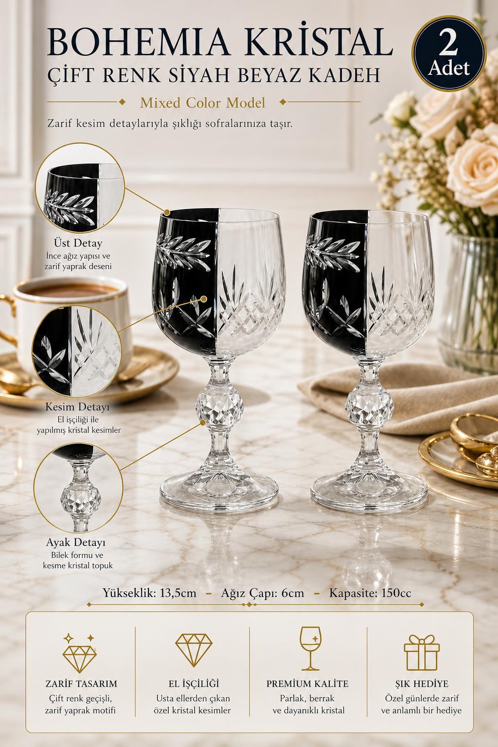 Bohemia Kristal Kadeh 2'li - Siyah Beyaz Çift Renk Mixed Color Model, 2 Adet