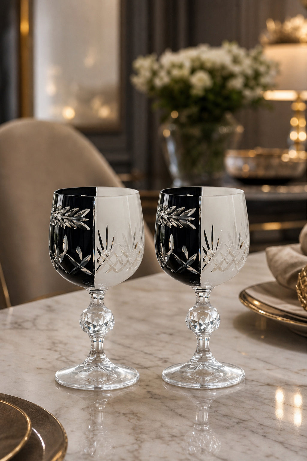 Bohemia Kristal Kadeh 2'li - Siyah Beyaz Çift Renk Mixed Color Model, 2 Adet