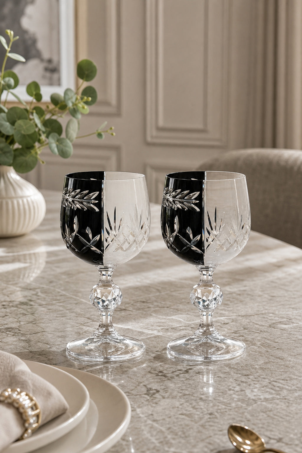 Bohemia Kristal Kadeh 2'li - Siyah Beyaz Çift Renk Mixed Color Model, 2 Adet