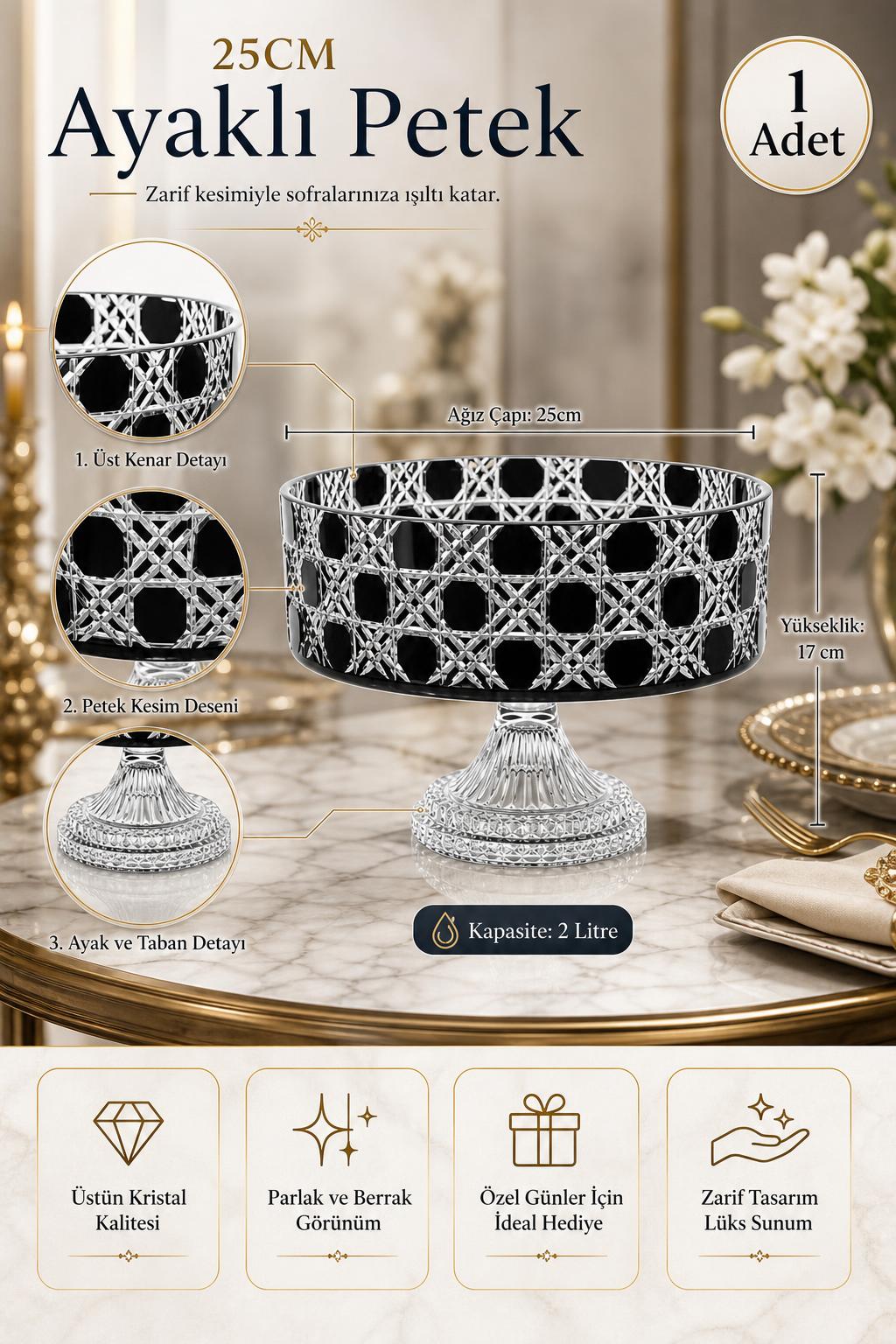 Kristal Ayaklı Kase 25 cm - Petek Desen Sunumluk, 1 Adet