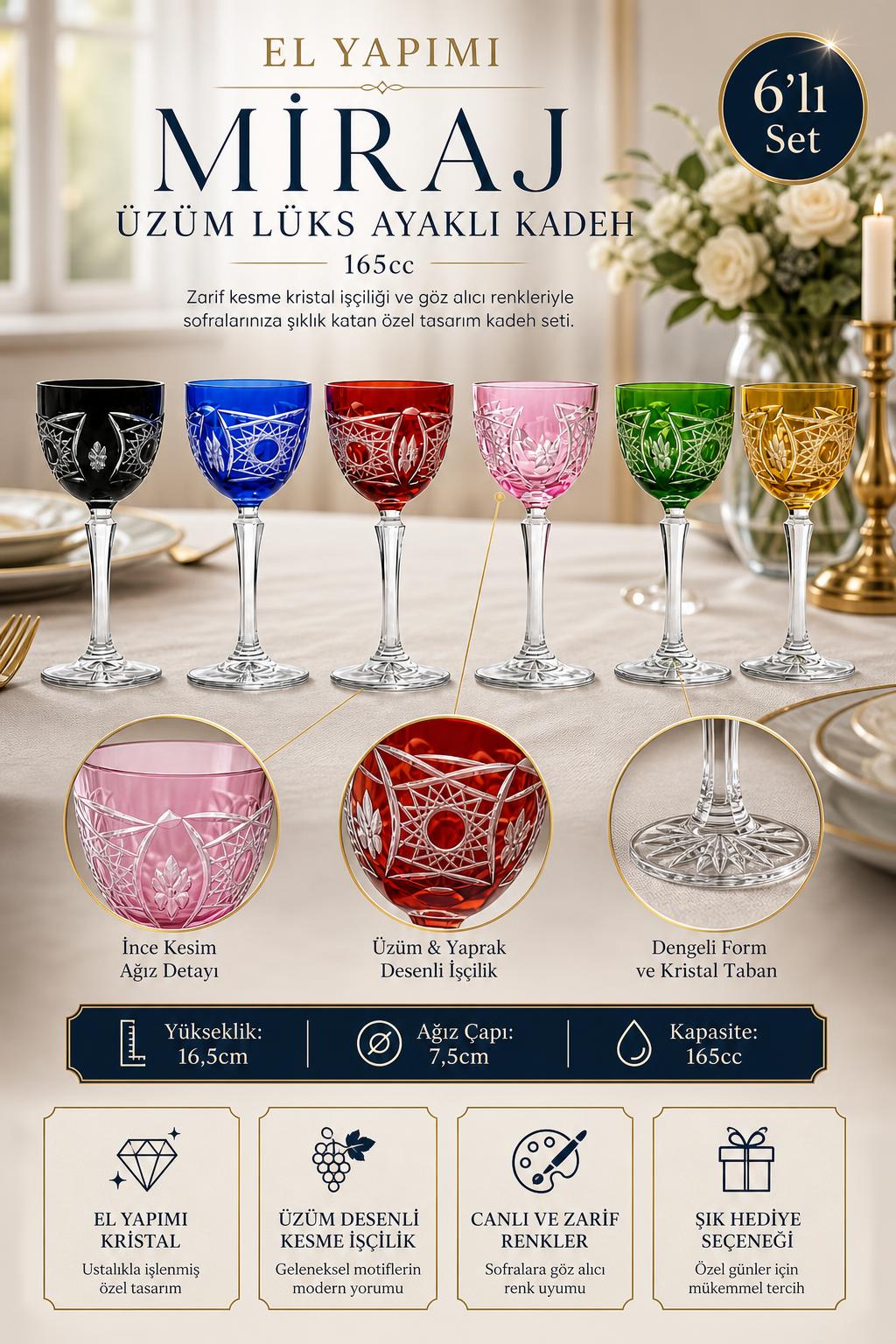 Kristal Ayaklı Kadeh 165 cc - Miraj Üzüm Desen Lüks, 6 Adet