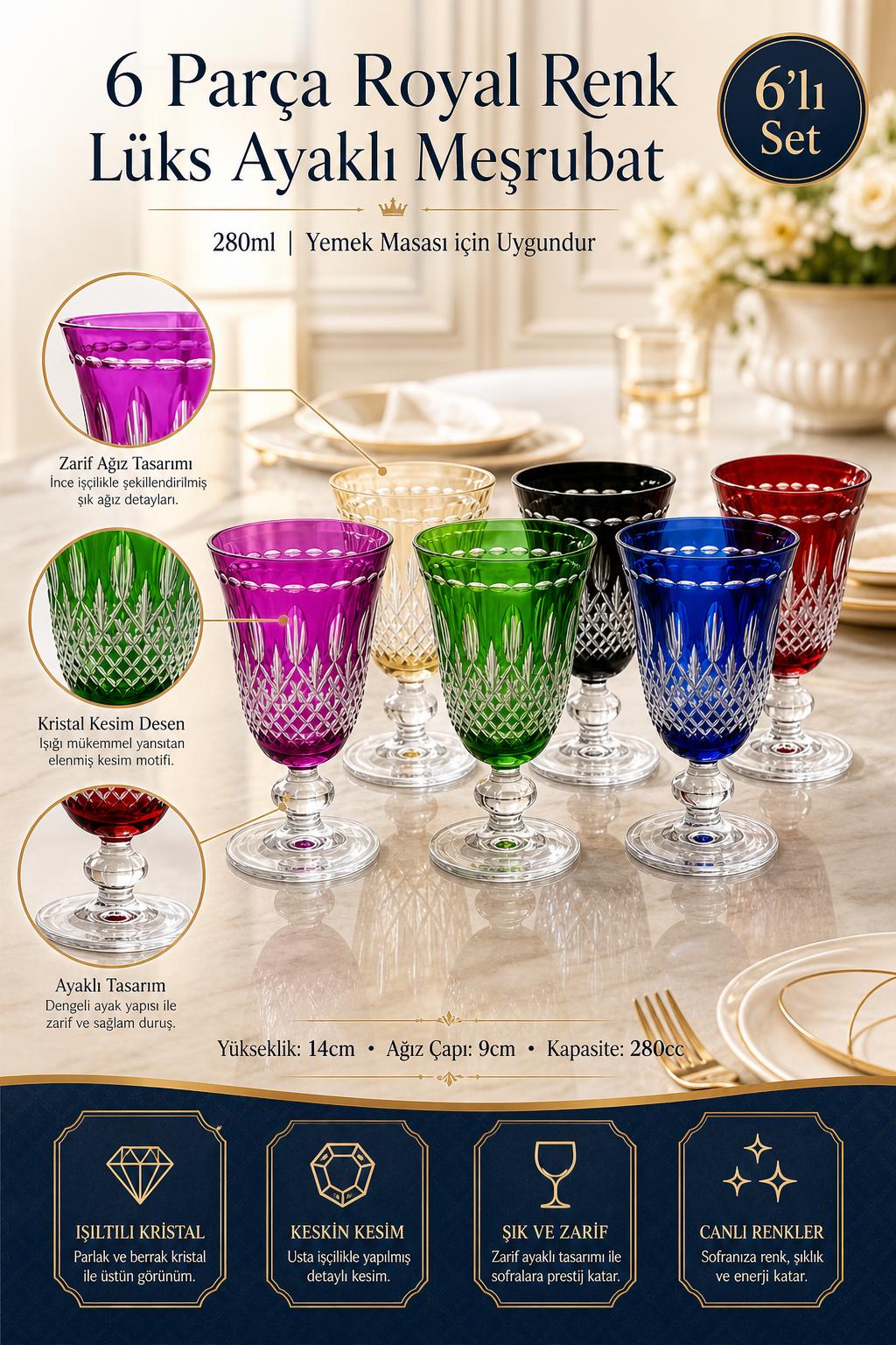 Renkli Kristal Ayaklı Meşrubat Bardağı 6'lı 280 ml - Royal Desen Lüks, 6 Adet