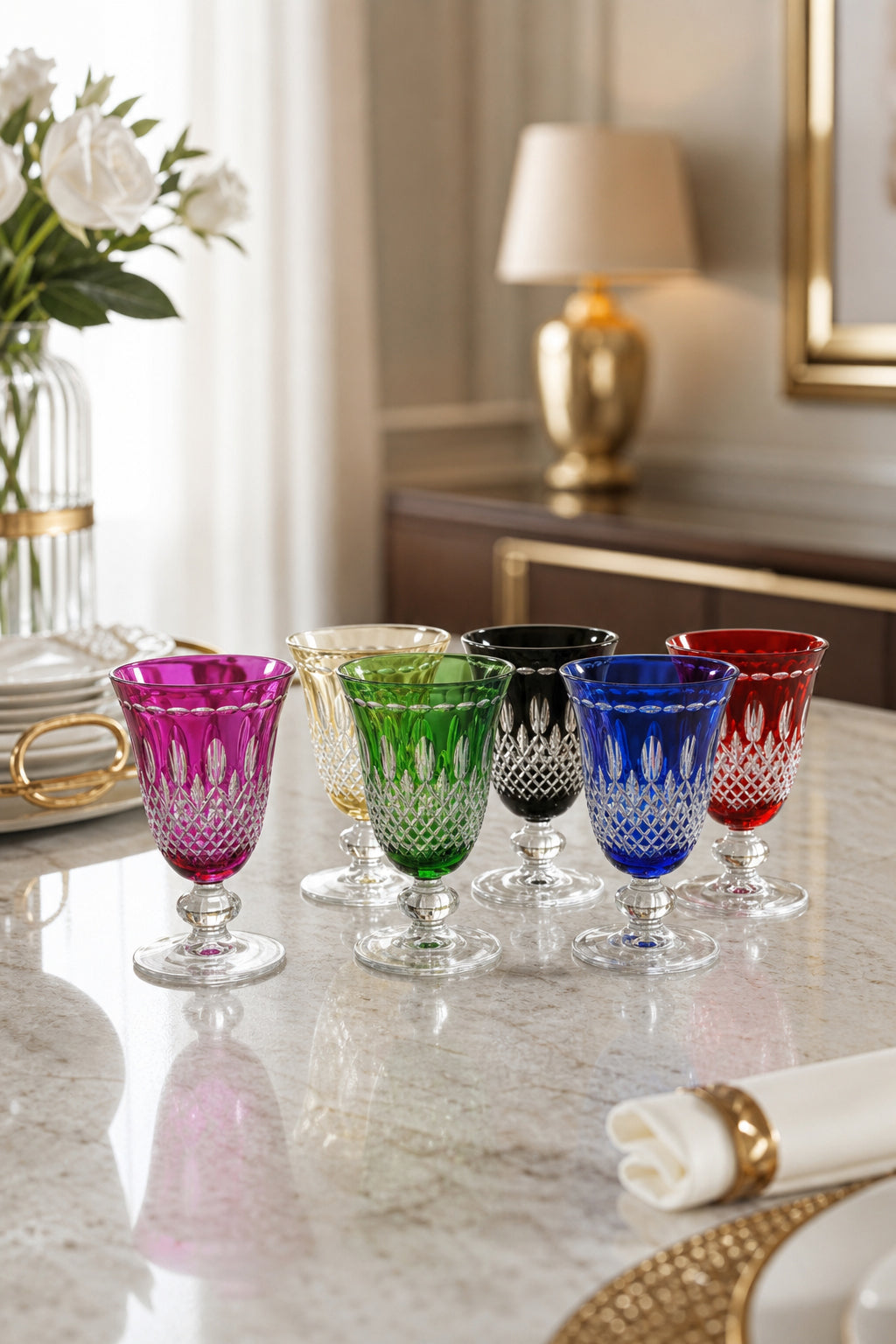 Renkli Kristal Ayaklı Meşrubat Bardağı 6'lı 280 ml - Royal Desen Lüks, 6 Adet